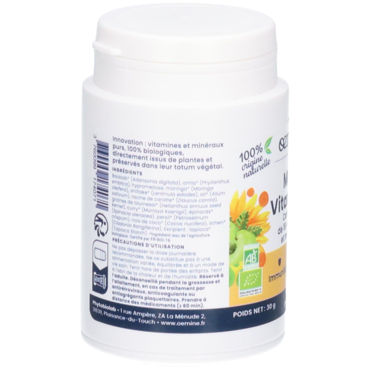 Arrière d'un pot blanc Oemine Multi Vitamines, avec liste d'ingrédients et instructions d'utilisation.