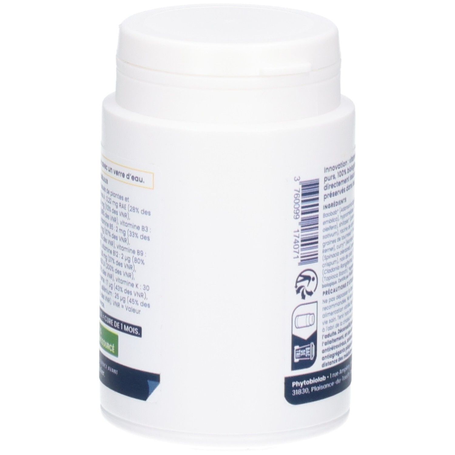 Côté d'un pot blanc Oemine Multi Vitamines, avec informations nutritionnelles détaillées.