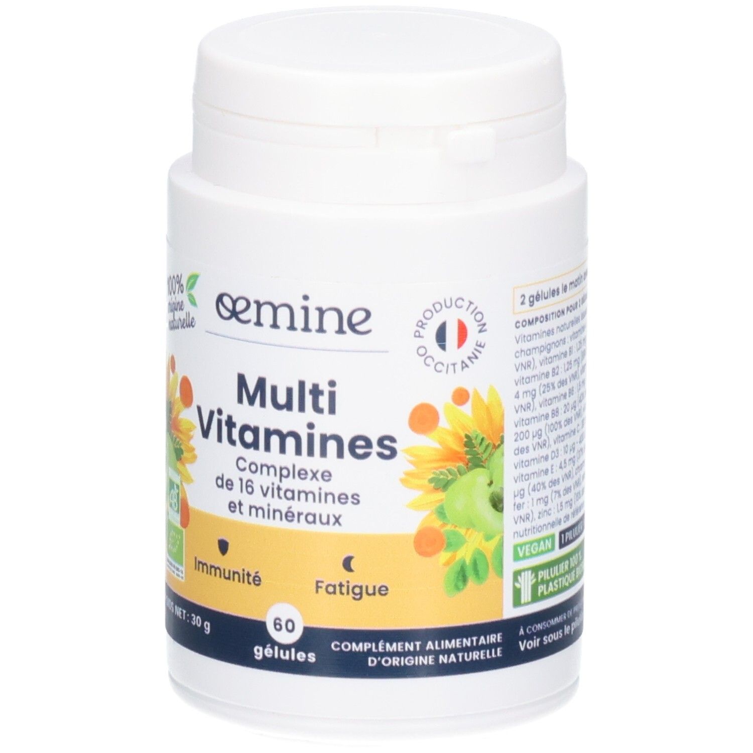 Avant d'un pot blanc Oemine Multi Vitamines, 60 gélules, 30g, avec label bio.