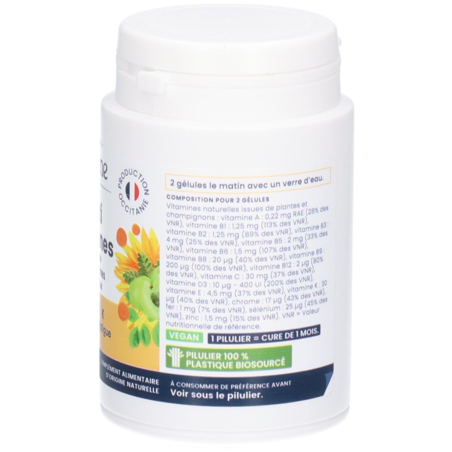 Arrière d'un pot blanc Oemine Multi Vitamines, avec composition détaillée et mention végane.