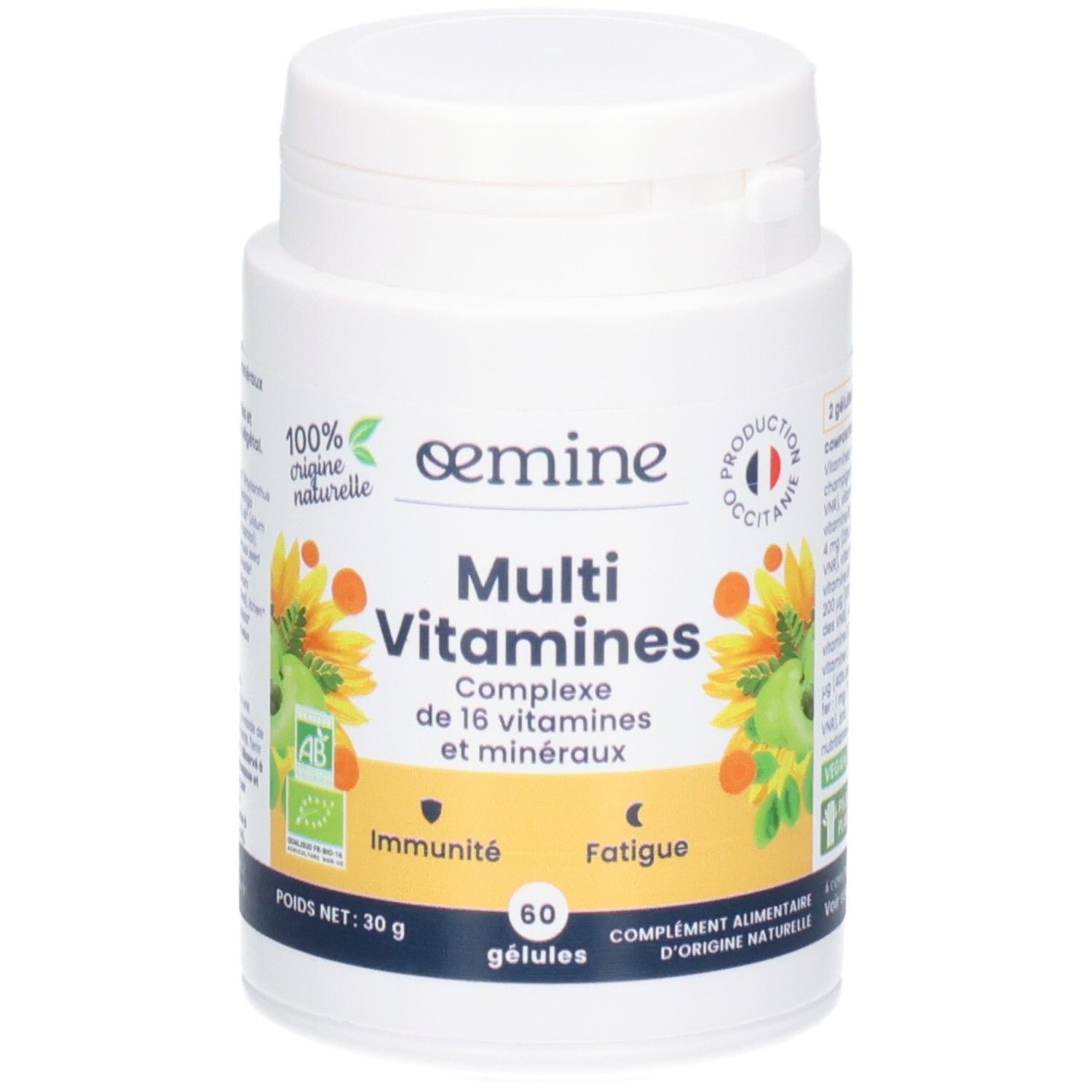 Pot blanc Oemine Multi Vitamines, 60 gélules, 30g, avec label bio et motif tournesol.