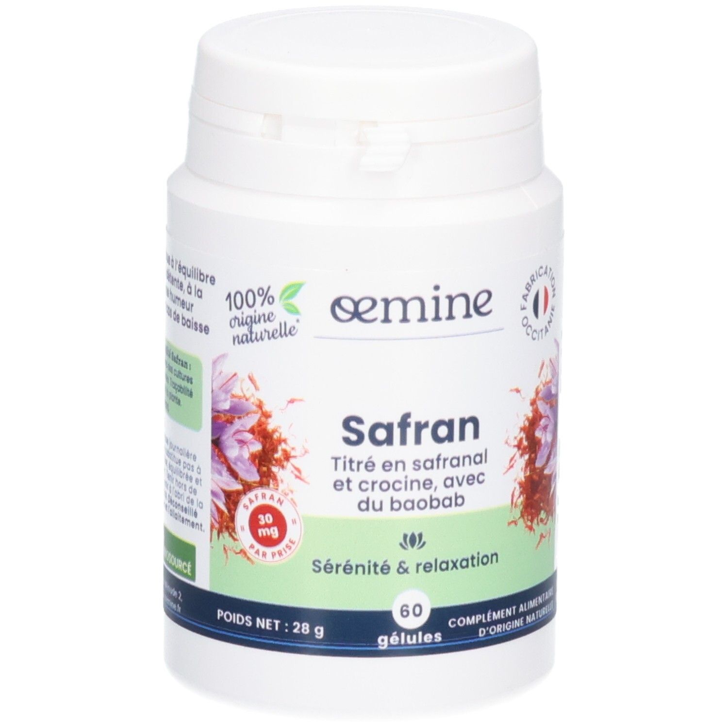 Oemine Safran gélules: Flacon de 60 gélules, pour la sérénité et la relaxation.