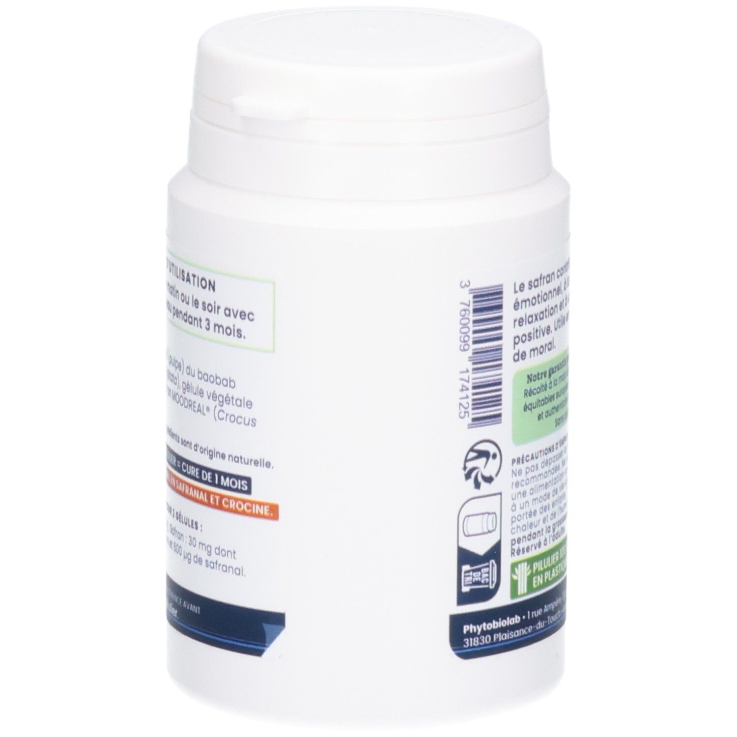 Oemine Safran gélules: Vue latérale du flacon avec informations détaillées sur le produit.