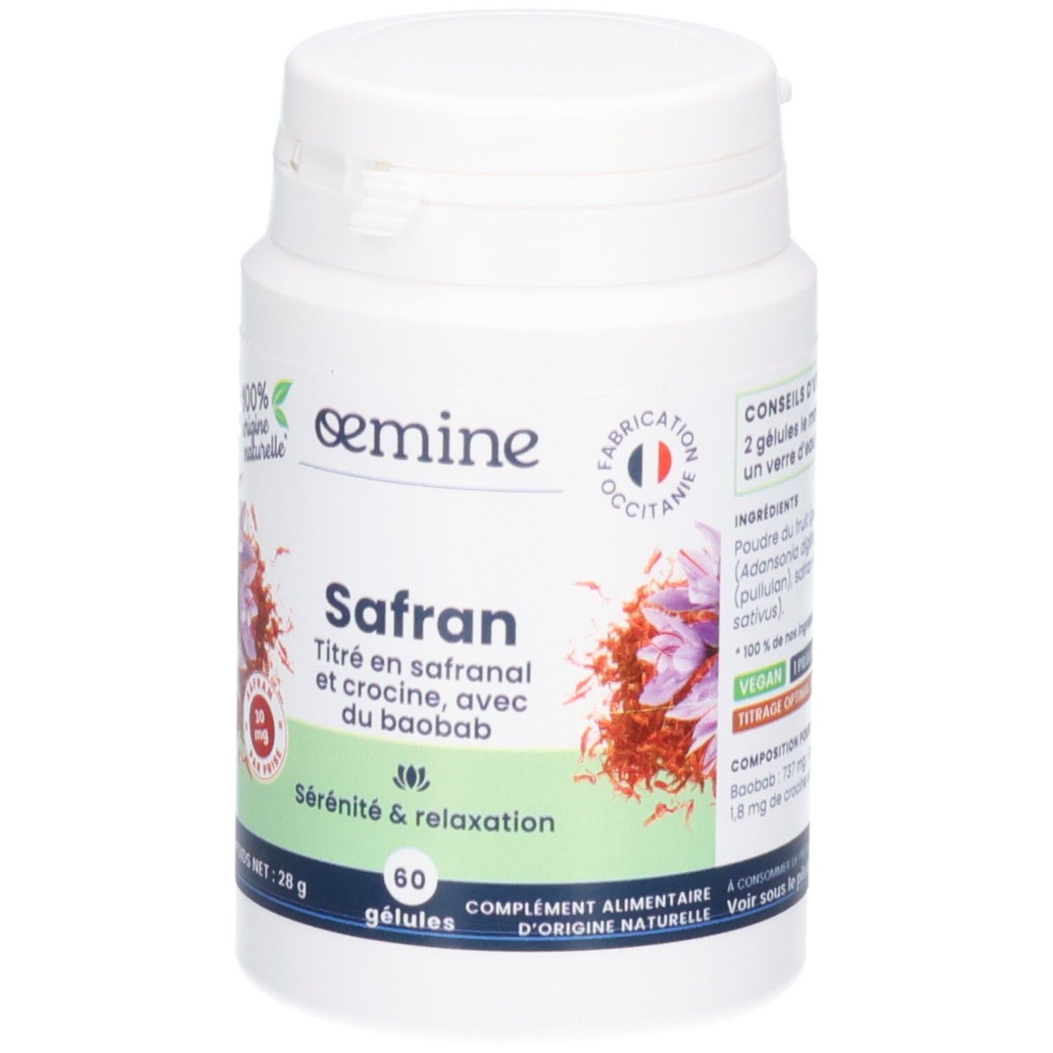 Oemine Safran gélules: Façade du flacon avec illustration de safran et nom du produit.