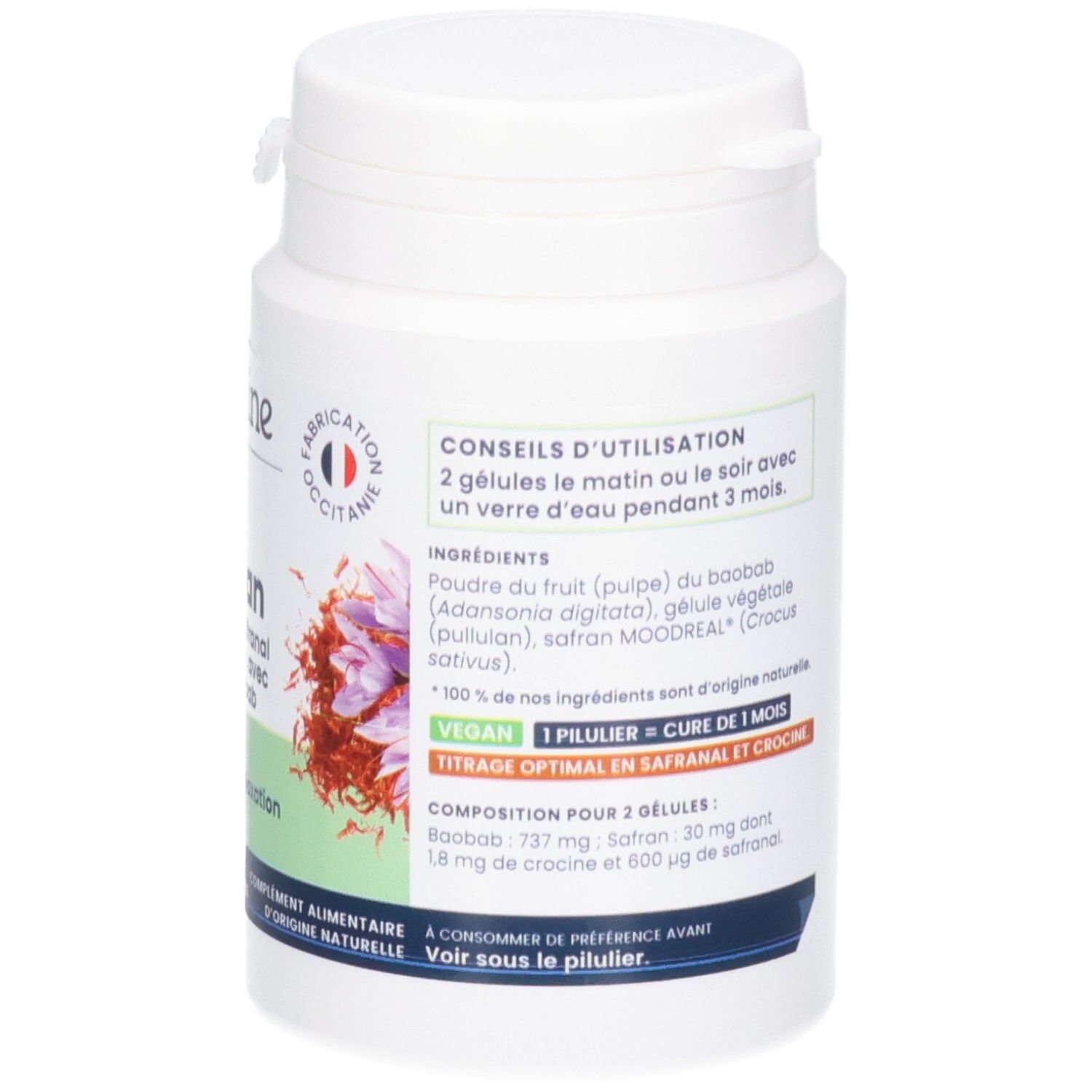Oemine Safran gélules: Flacon avec informations sur les ingrédients, label vegan et titration.