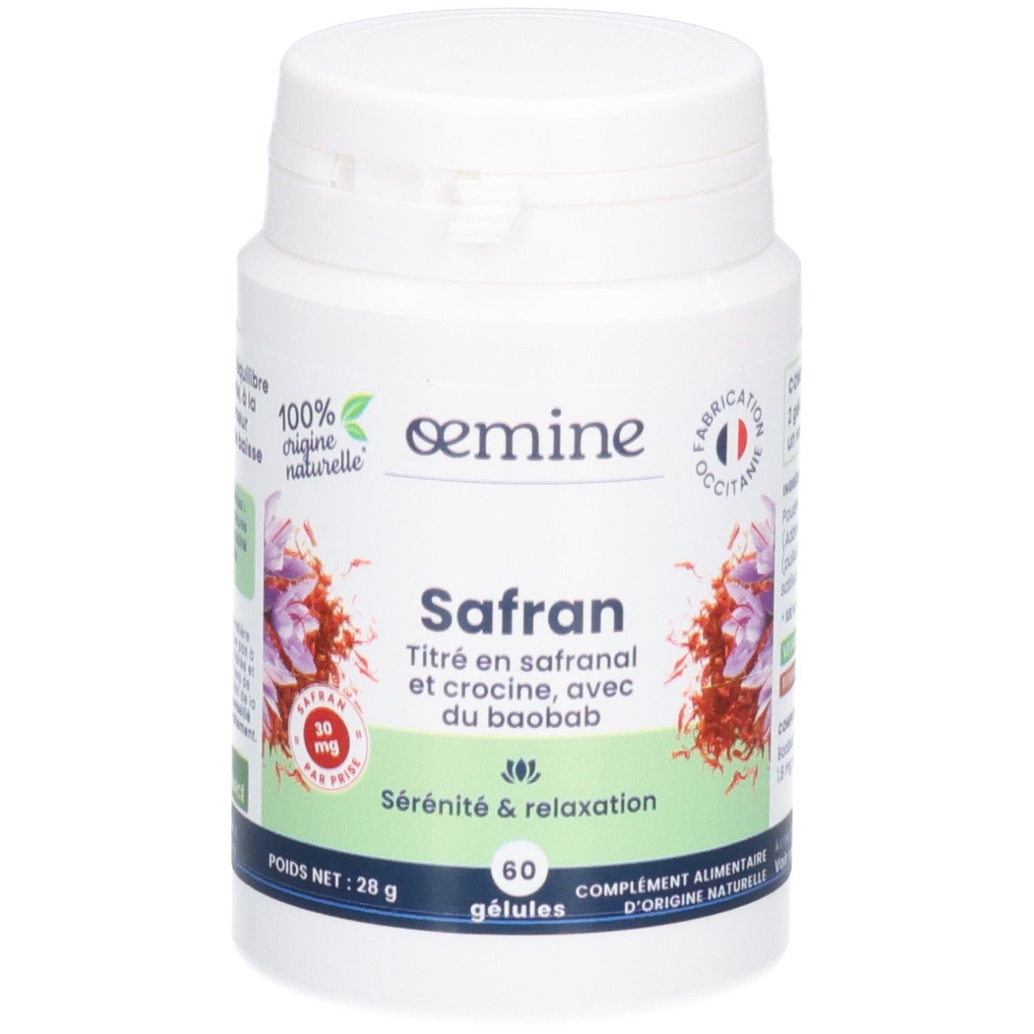 Oemine Safran gélules: Arrière du flacon avec conseils d'utilisation et détails des ingrédients.