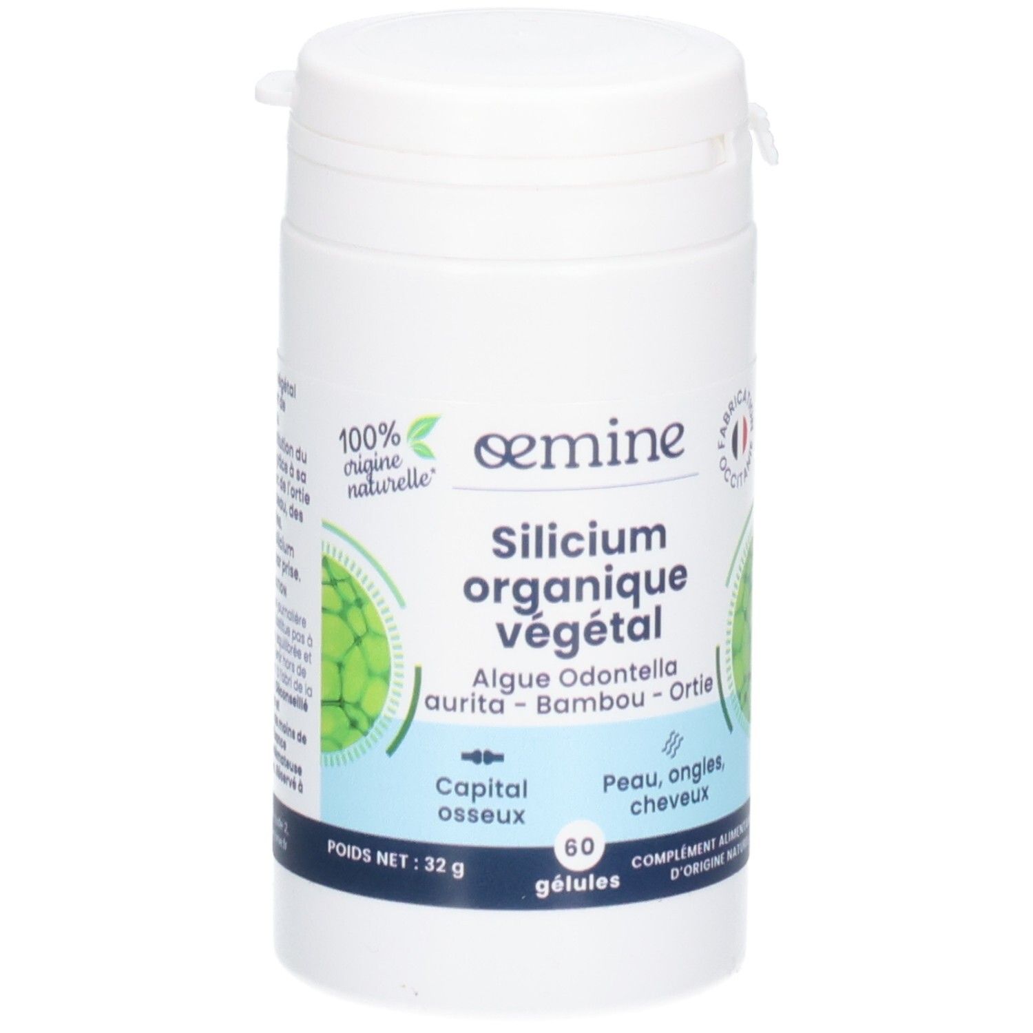 Pot blanc de 60 gélules "Silicium Organique Végétal". Poids net 32g.