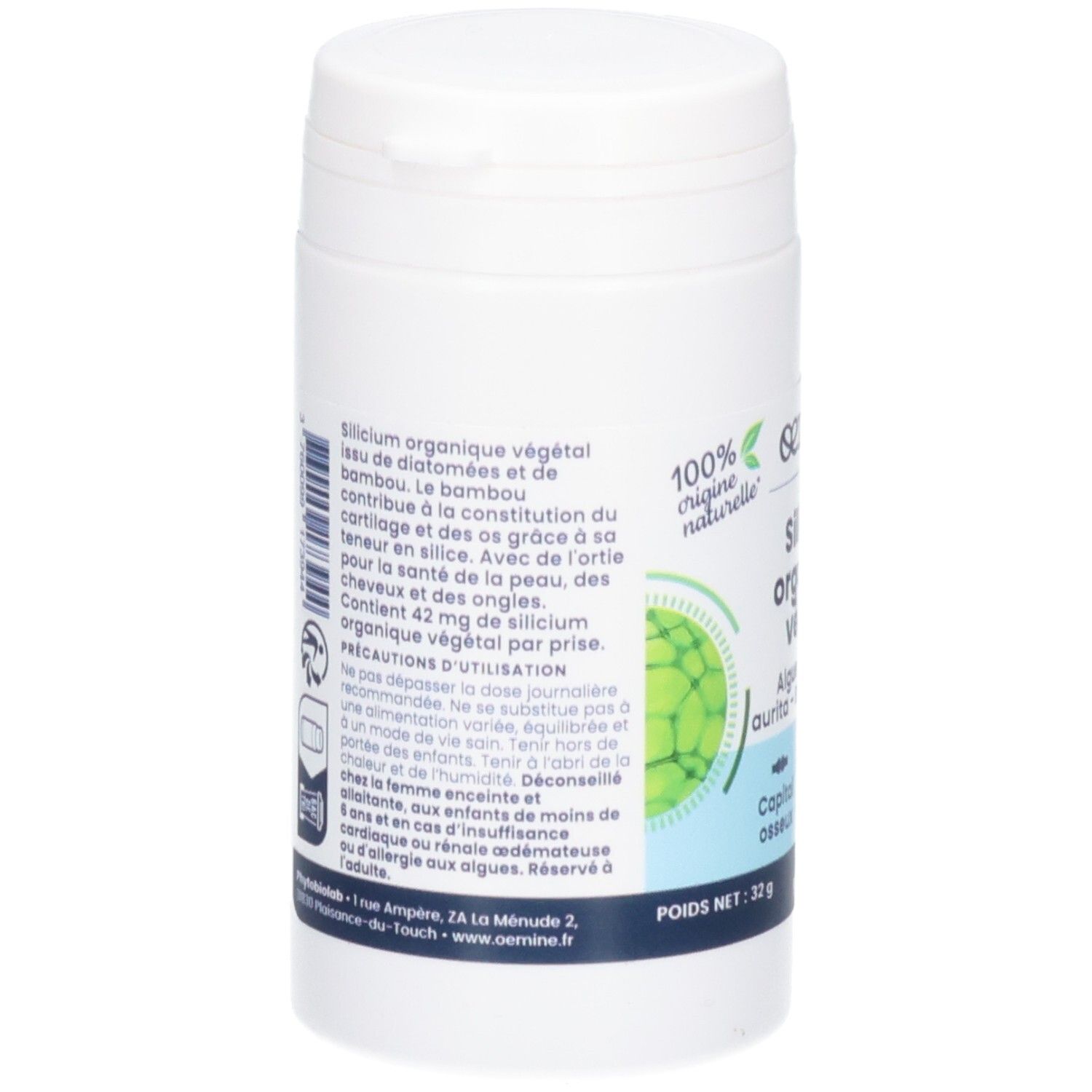 Arrière d'un pot blanc avec informations produit et ingrédients.