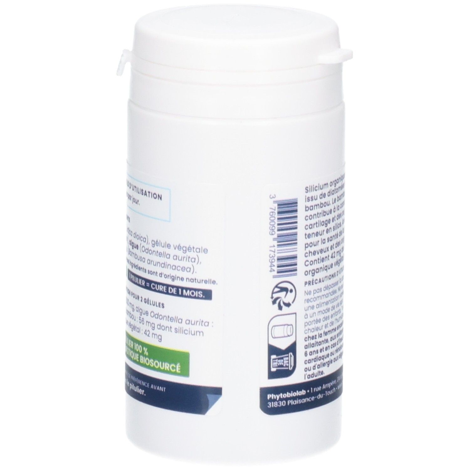Vue latérale d'un pot blanc avec code-barres et informations produit.