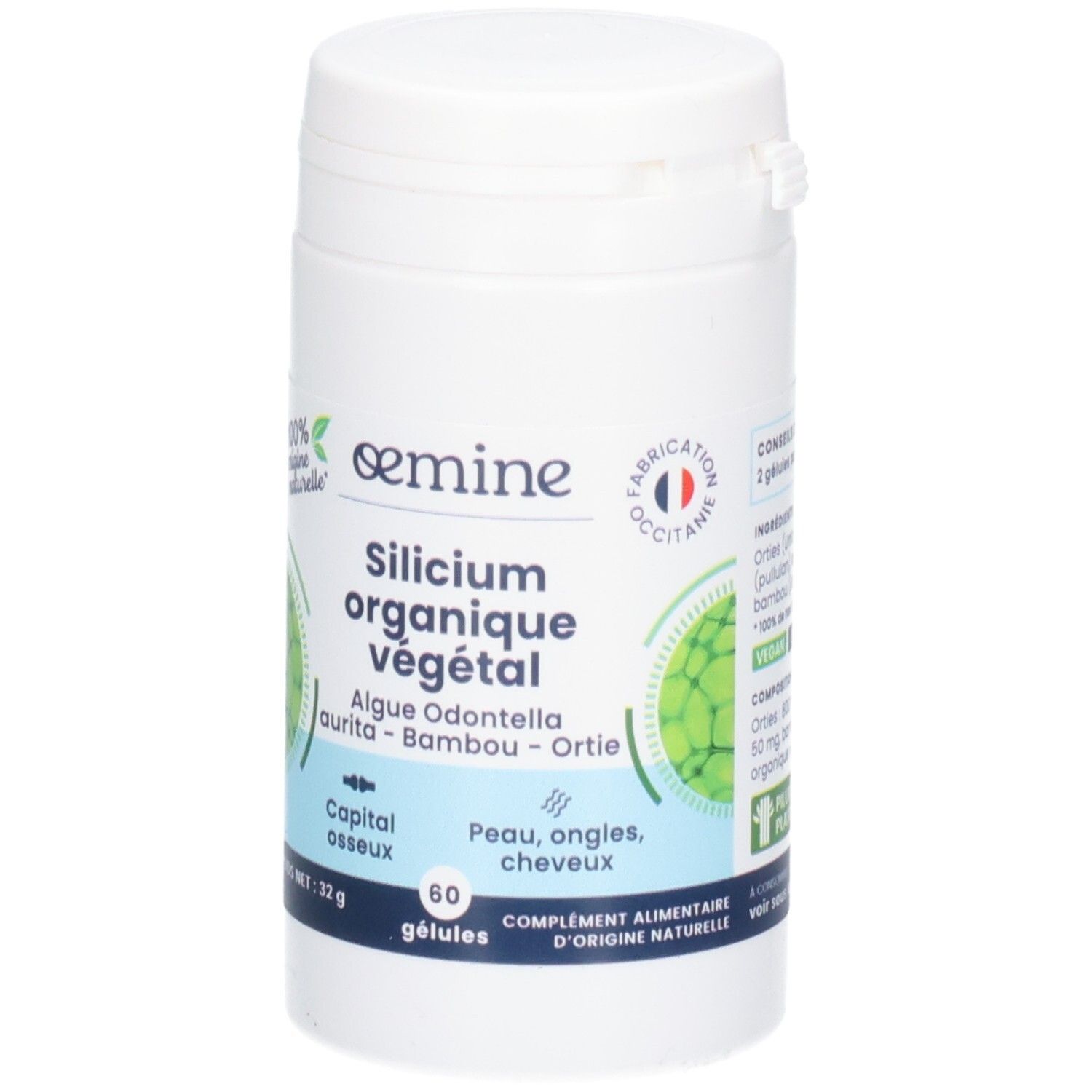 Pot blanc de 60 gélules "Silicium Organique Végétal". Fabriqué en Occitanie.