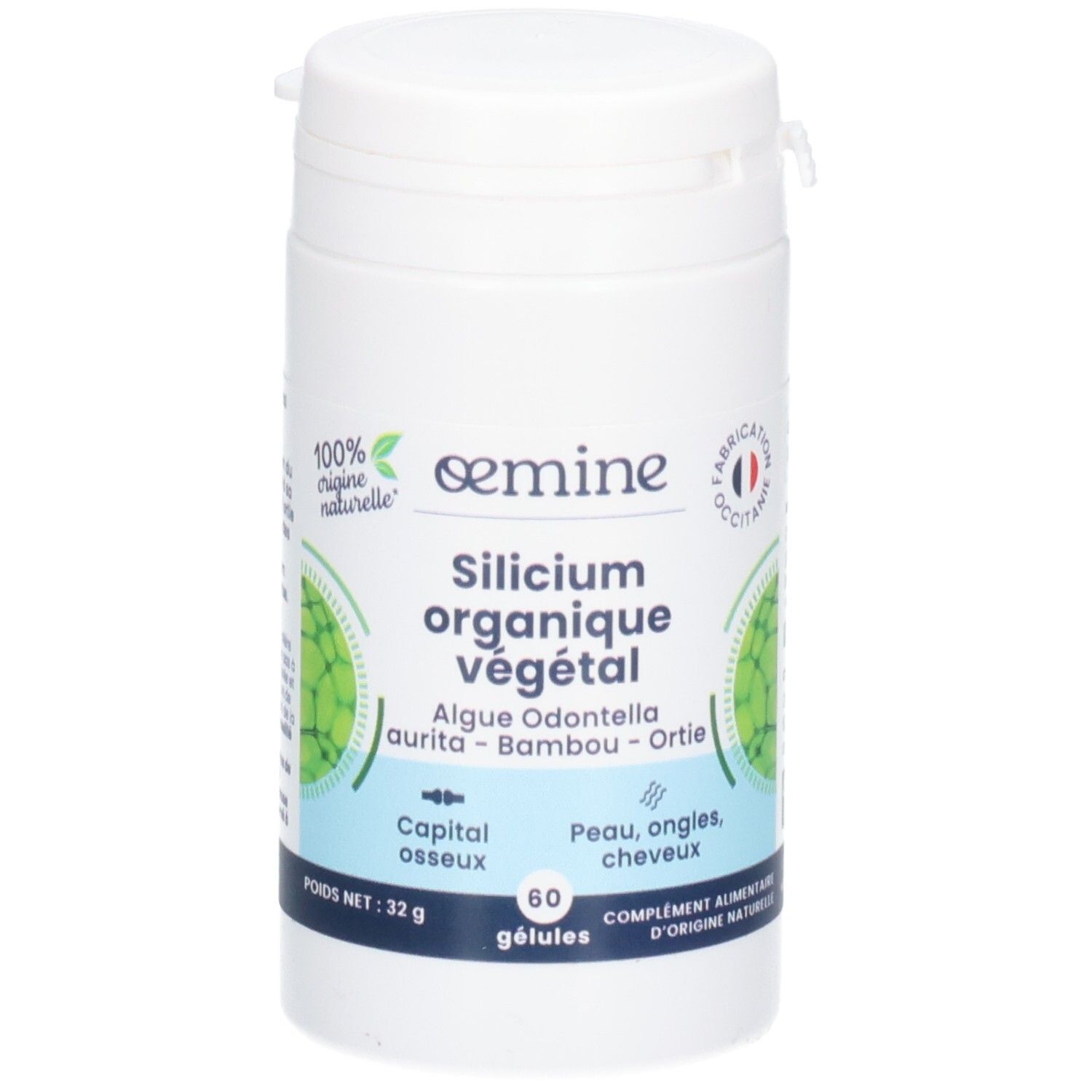 Pot blanc de 60 gélules "Silicium Organique Végétal". Fabriqué en Occitanie.