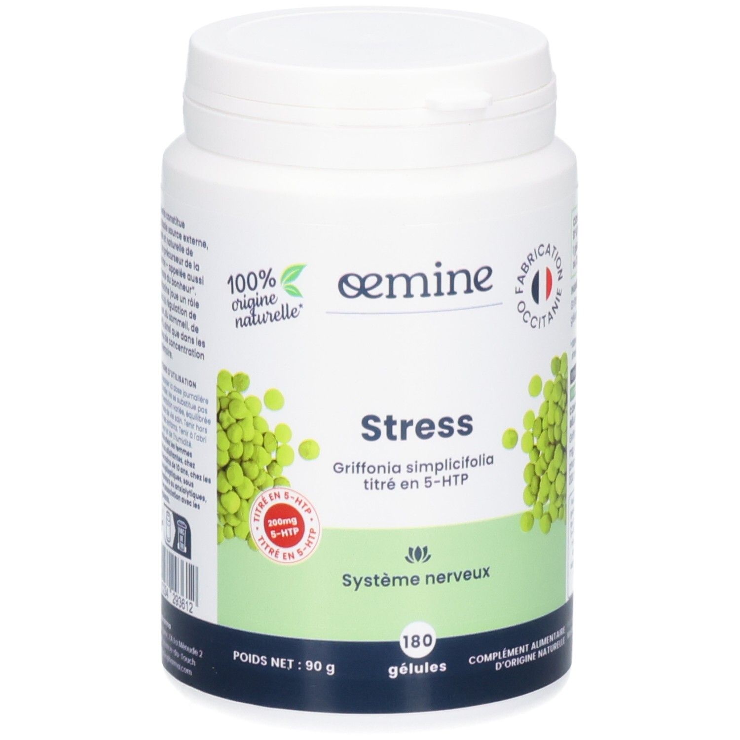 Pot blanc Oemine Stress, 180 gélules. Contient du Griffonia simplicifolia.