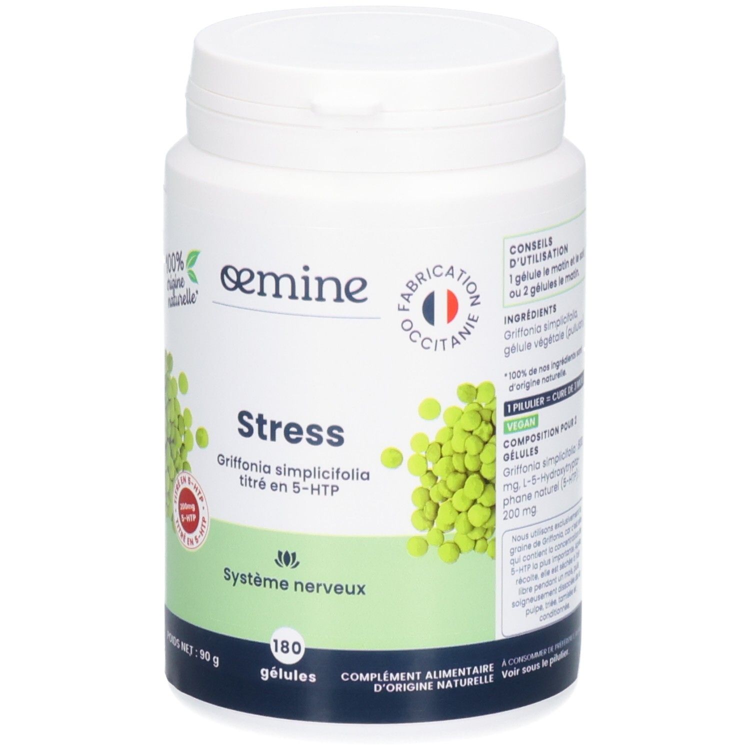 Avant d'un pot blanc Oemine Stress. Étiquette : 180 gélules, 90g.