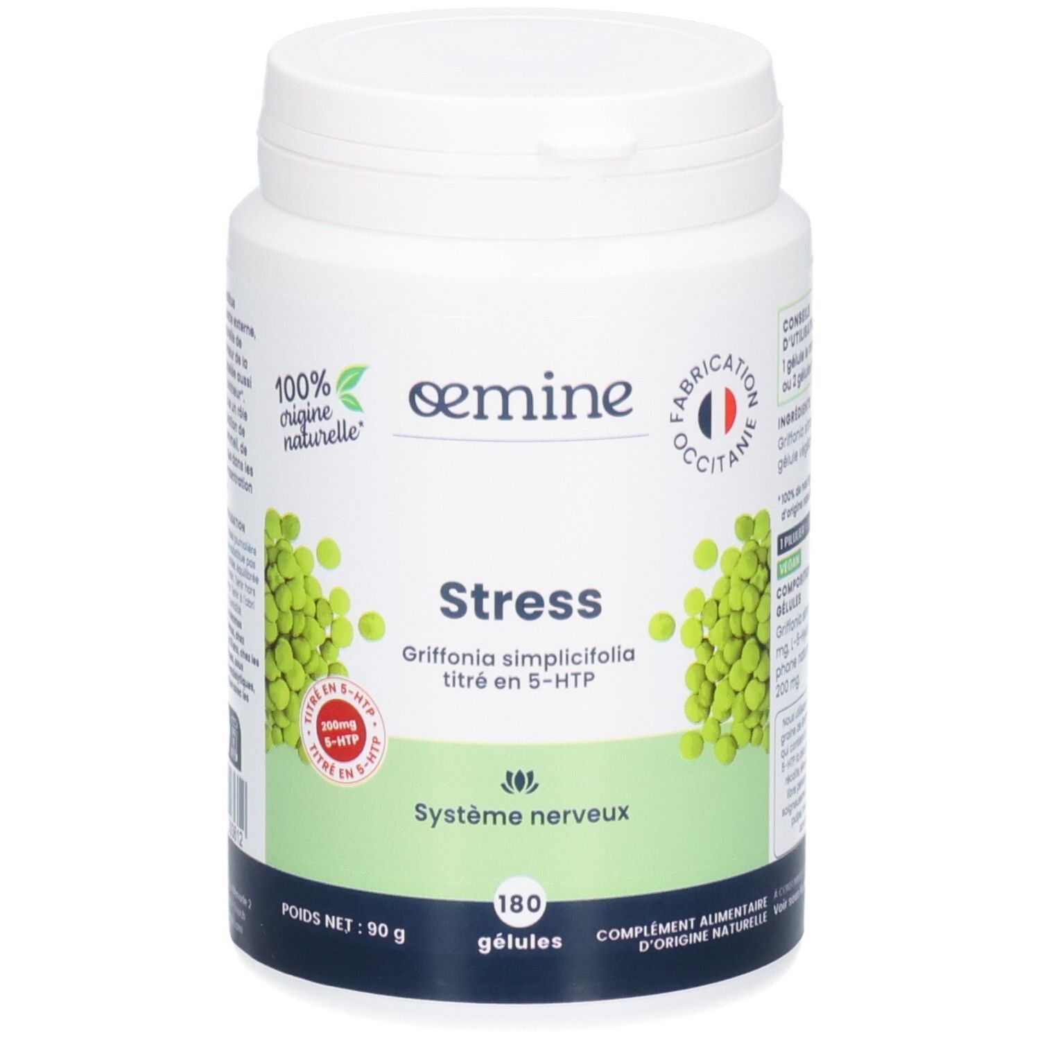 Pot blanc Oemine Stress, 180 gélules. Inscription : 100% origine naturelle.