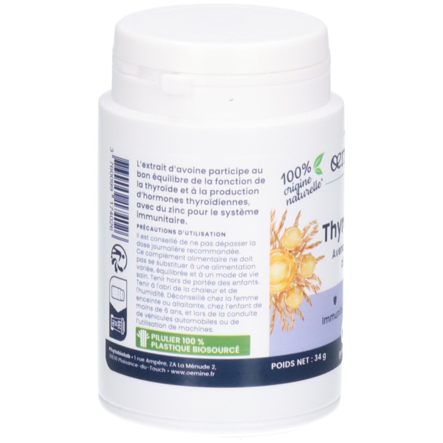 Arrière de la boîte Oemine Thyrozinc avec ingrédients et conseils d'utilisation.