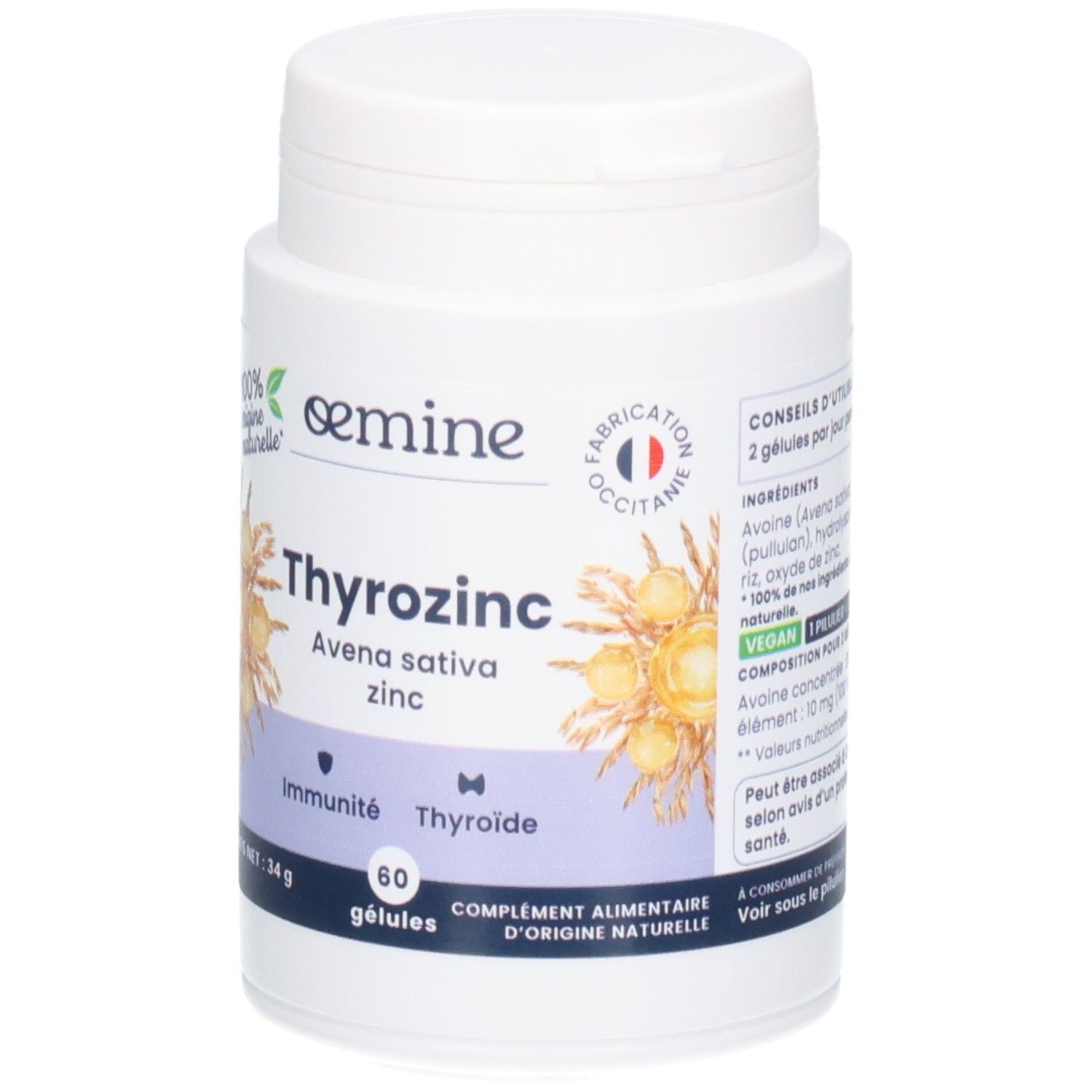 Face avant de la boîte Oemine Thyrozinc, 60 gélules, Avena sativa, zinc, immunité, thyroïde.