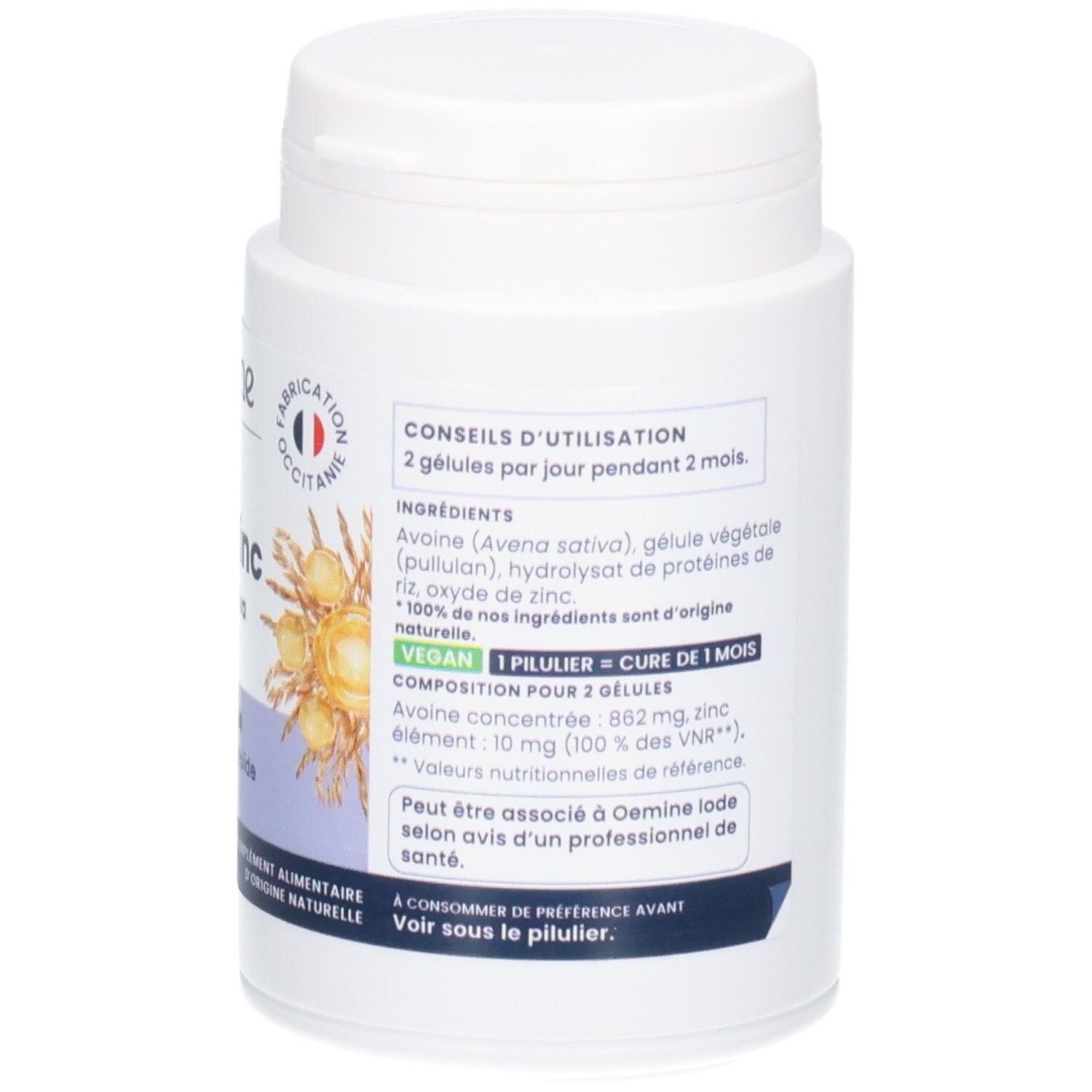 Vue détaillée de la boîte Oemine Thyrozinc avec ingrédients et mention végane.