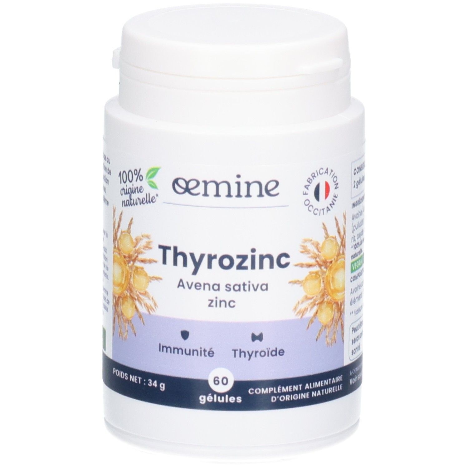 Boîte Oemine Thyrozinc 60 gélules, Avena sativa, zinc, immunité, thyroïde, végane.