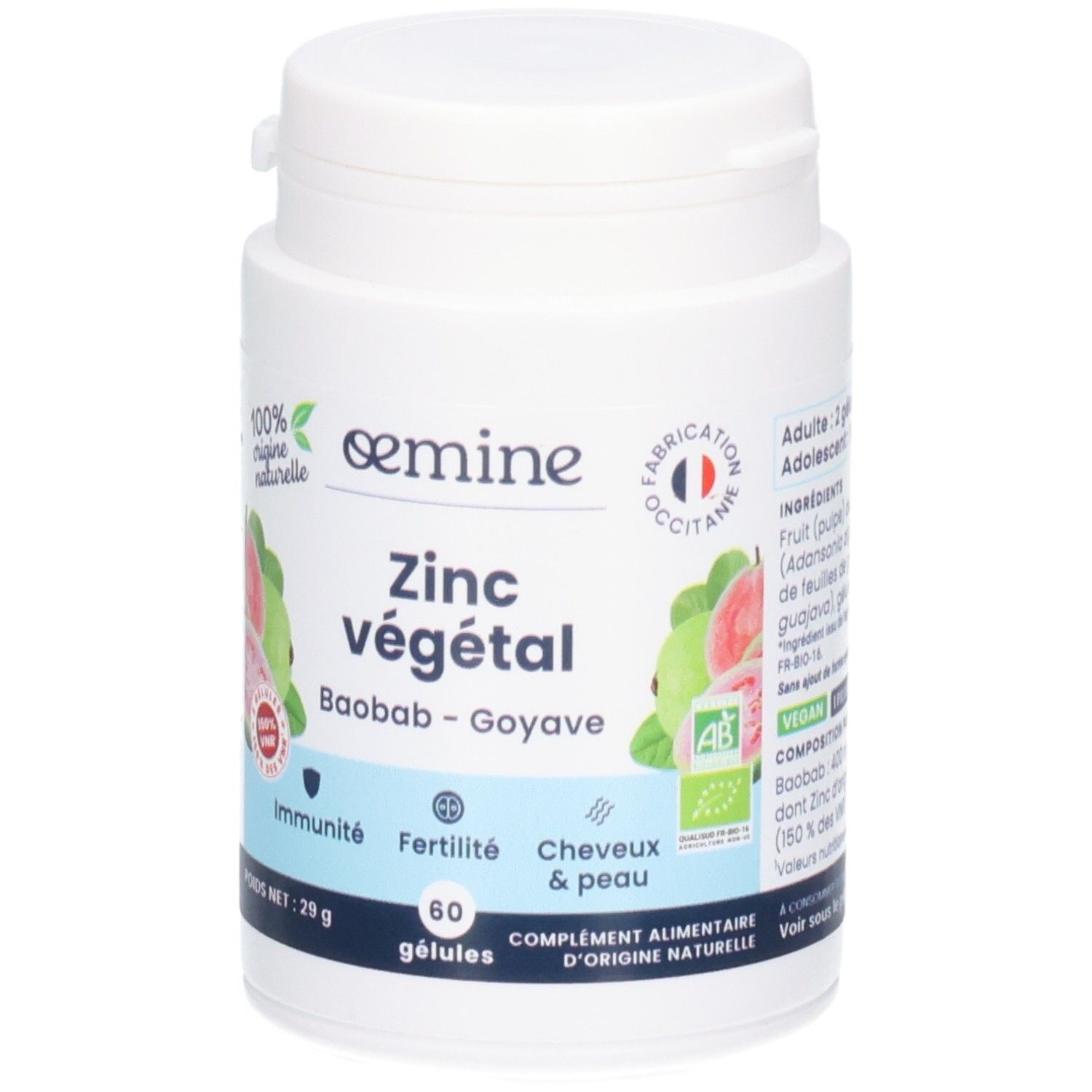 Avant d'un pot Oemine Zink végétal. Avec label Bio et indications immunité, fertilité, cheveux et peau.