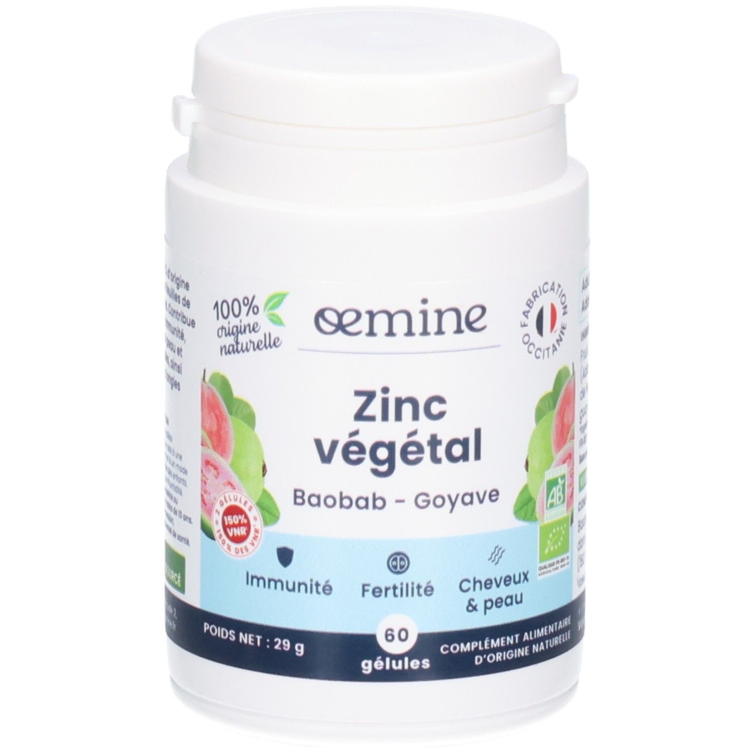 Pot blanc Oemine Zink végétal, 60 gélules. Montre Baobab, Goyave, label Bio et bénéfices immunité.