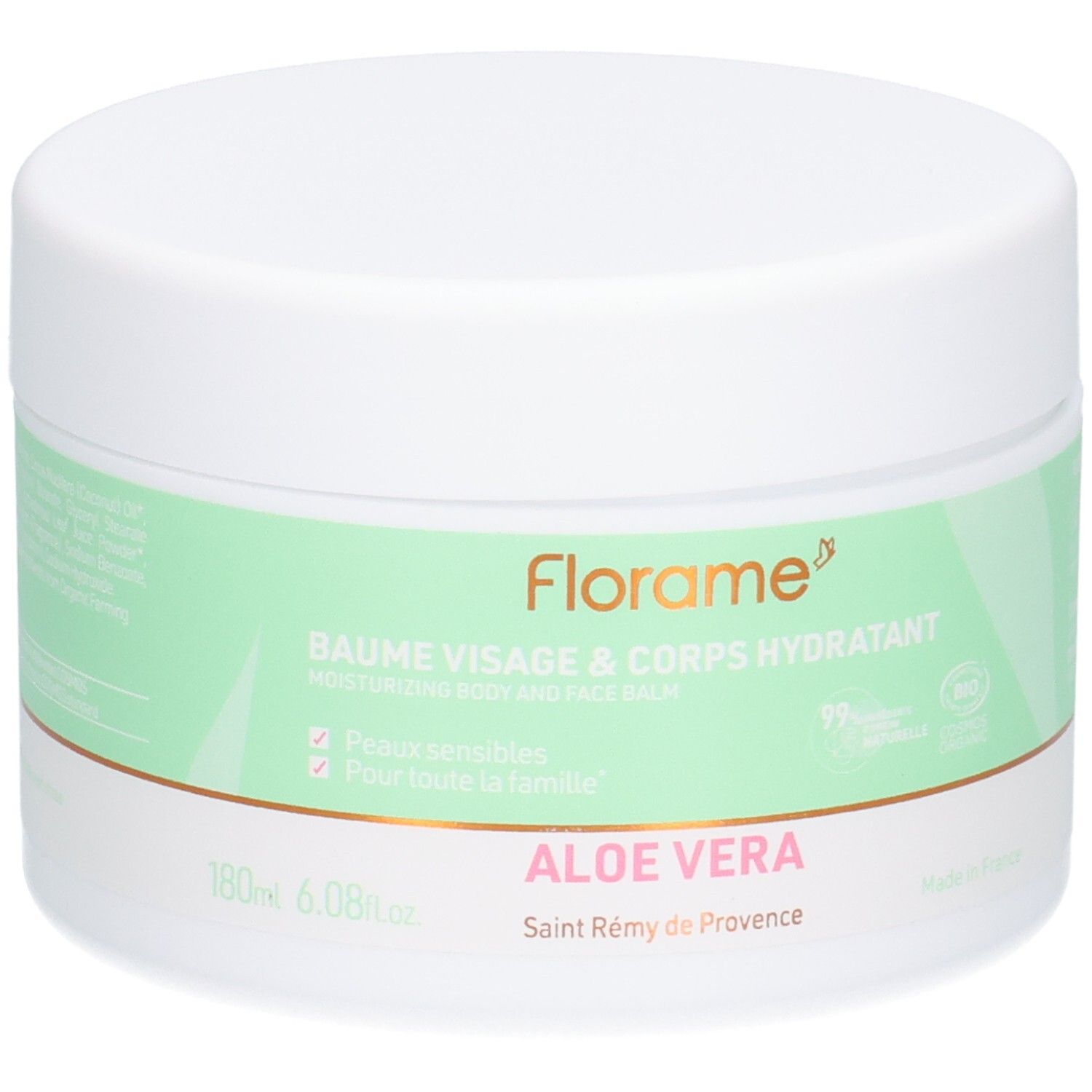 Pot blanc avec étiquette verte. Inscription: FLORAME, BAUME VISAGE & CORPS HYDRATANT, ALOE VERA. Certification bio.