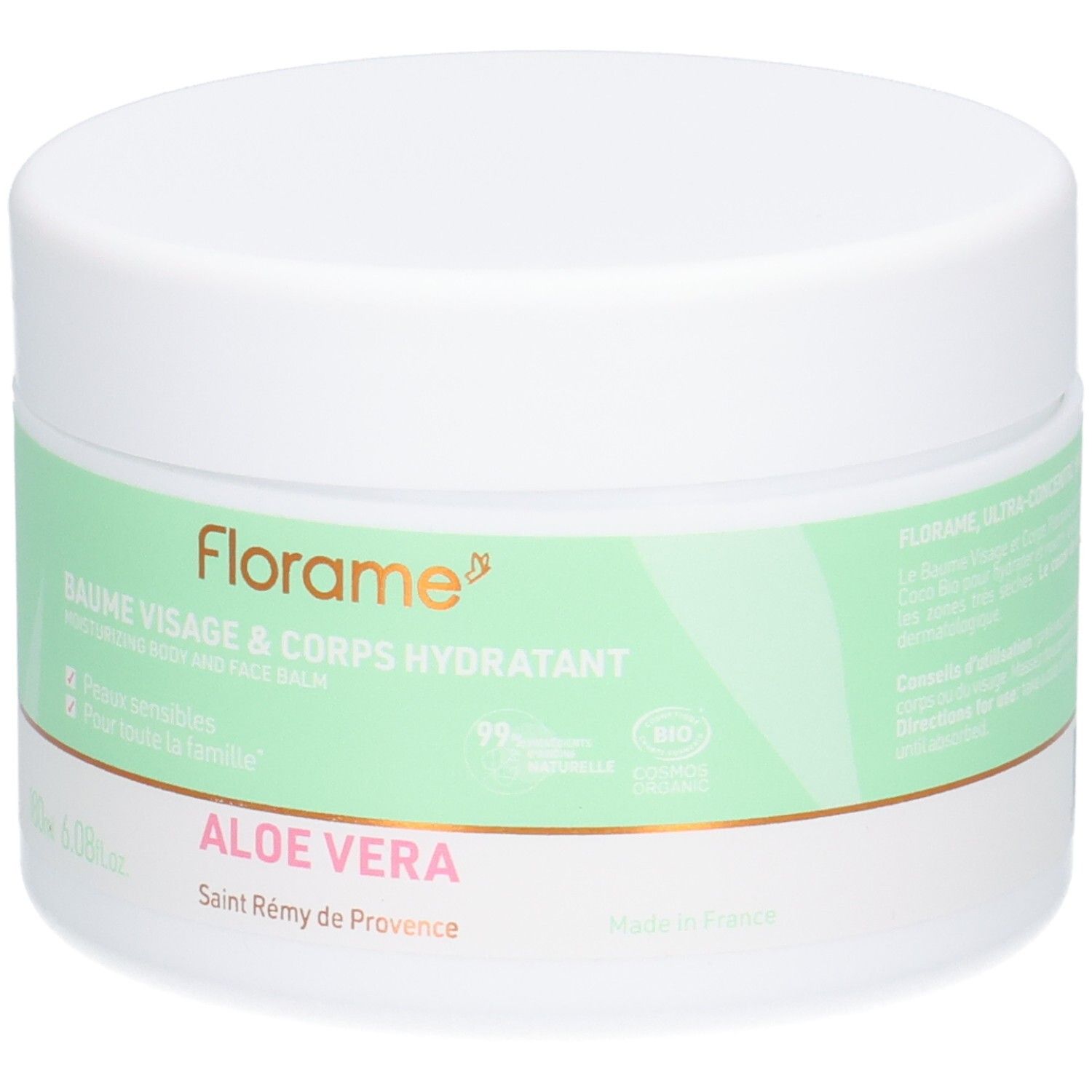 Pot blanc avec étiquette verte. Inscription: FLORAME, BAUME VISAGE & CORPS HYDRATANT, ALOE VERA. Certification bio.