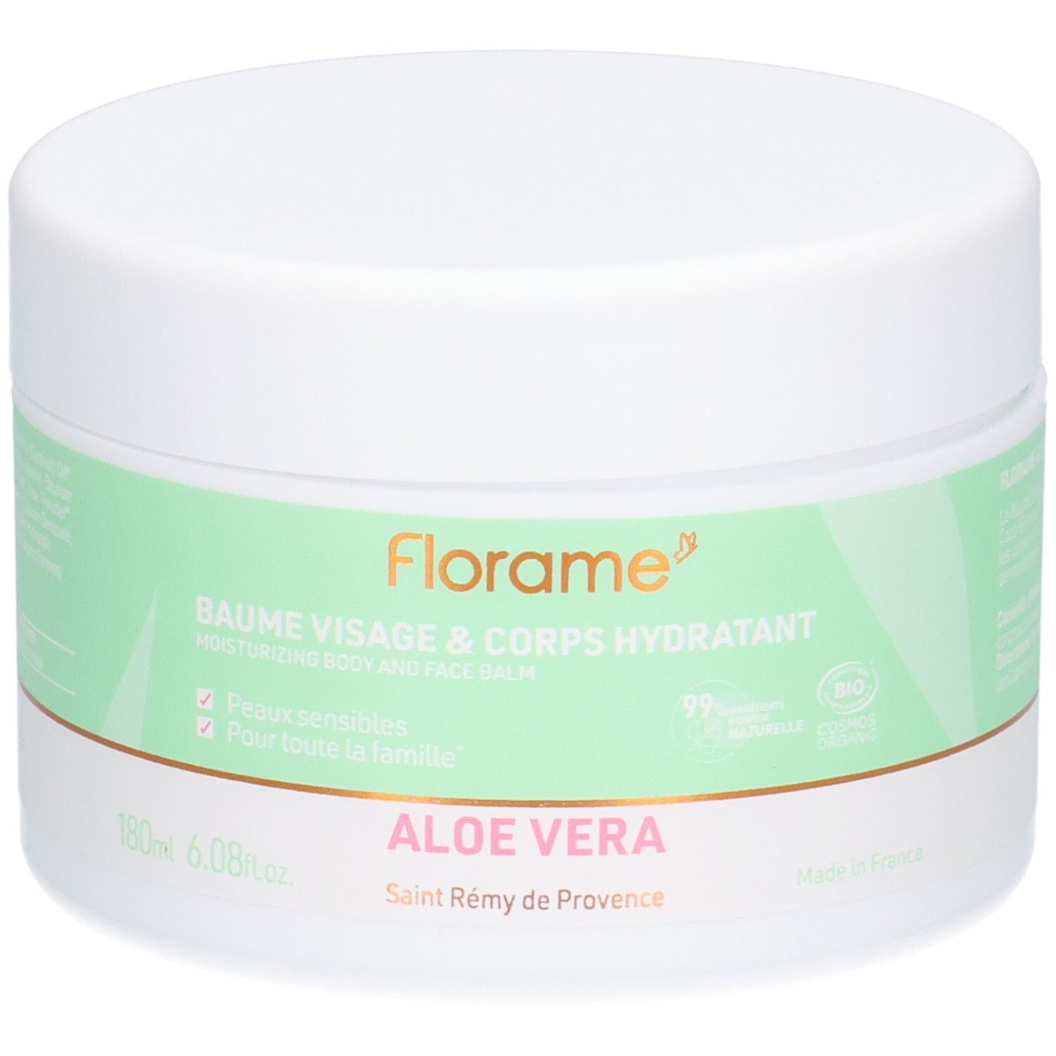 Pot blanc avec étiquette verte. Inscription: FLORAME, BAUME VISAGE & CORPS HYDRATANT, ALOE VERA. Certification bio.