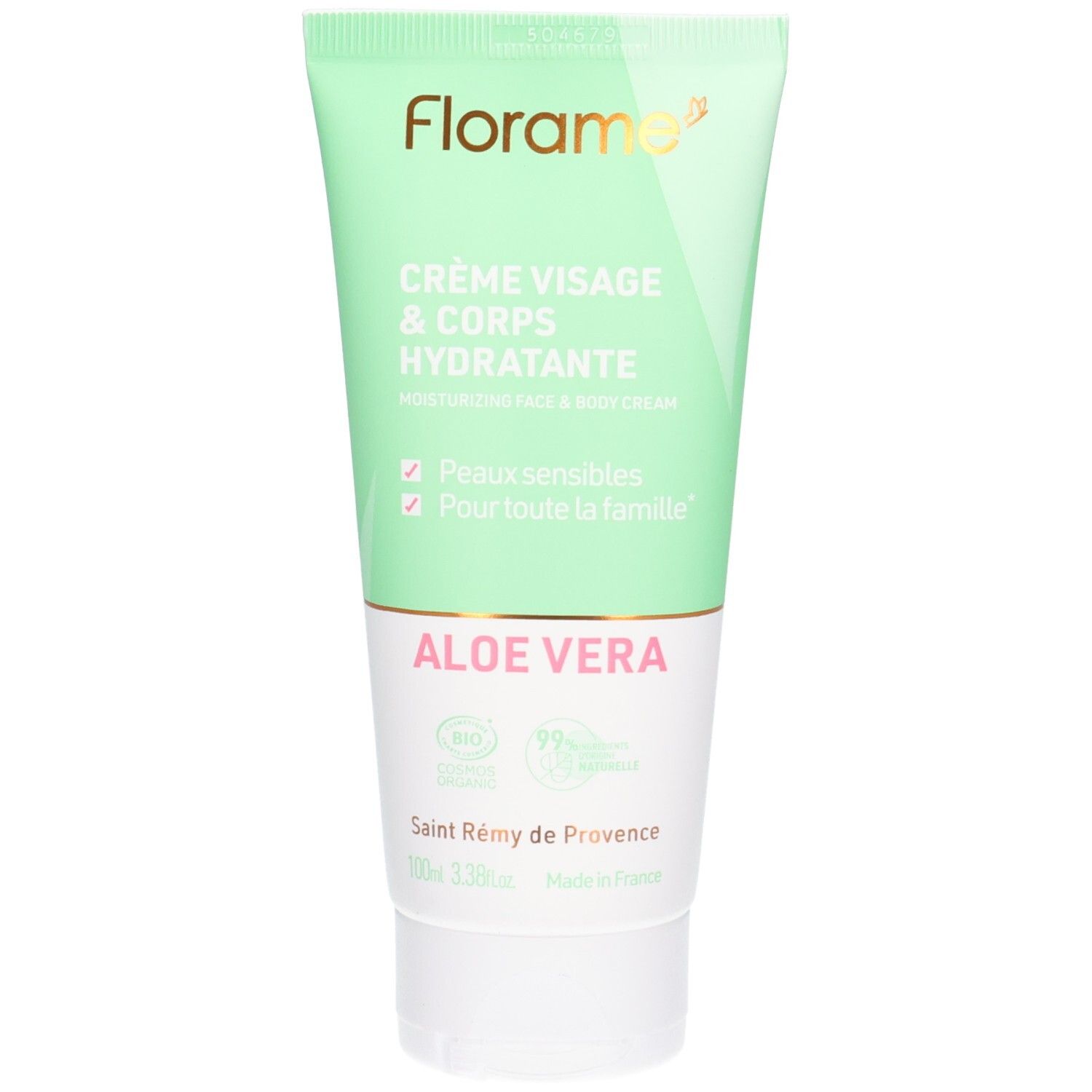 Tube verte et blanche. Inscription: FLORAME, Crème Visage & Corps Hydratante, Aloe Vera. Label bio.
