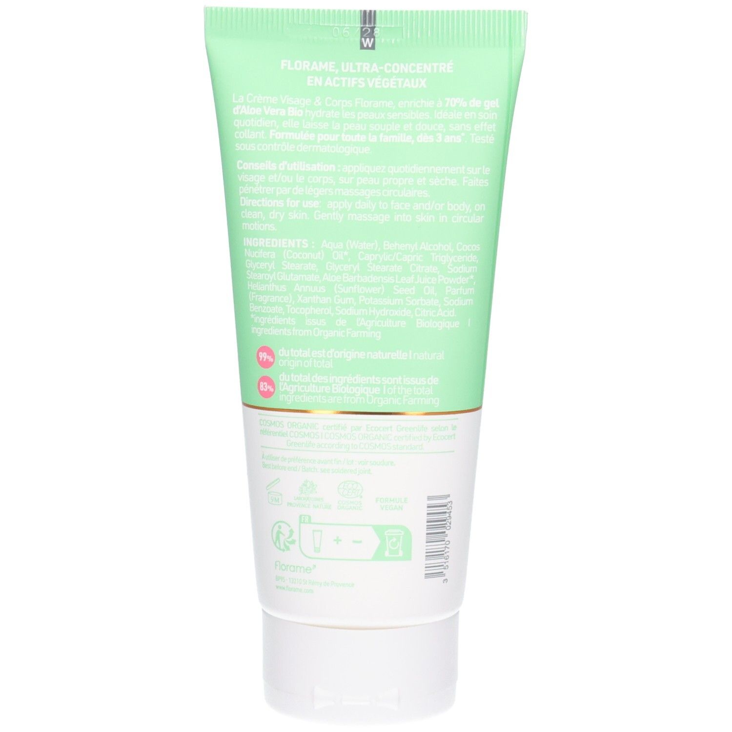 Dos du tube vert. Texte: FLORAME, ultra-concentré en actifs végétaux. Ingrédients et logos.
