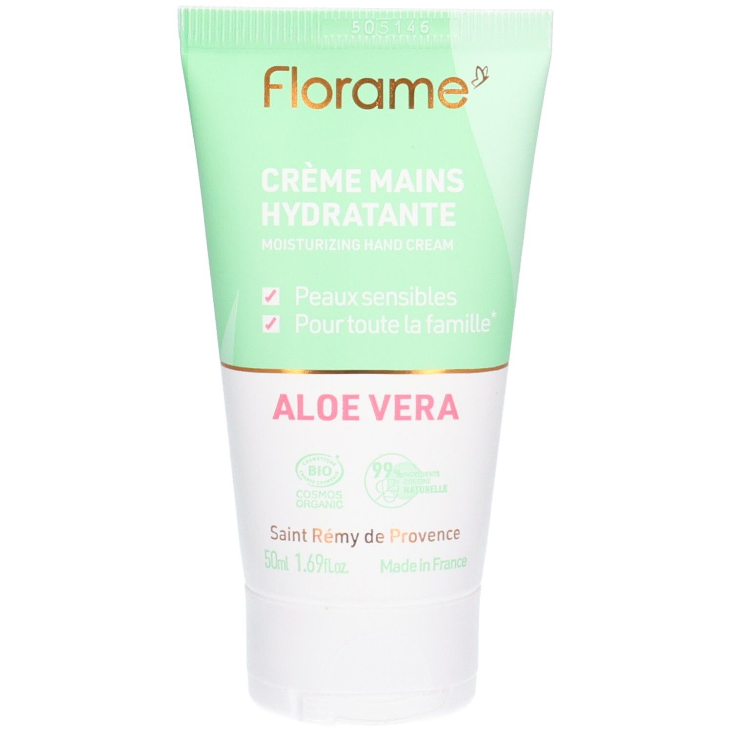 Tube vert et blanc. Texte: FLORAME, CRÈME MAINS HYDRATANTE, Aloe Vera. Certification bio. Fabriqué en France.