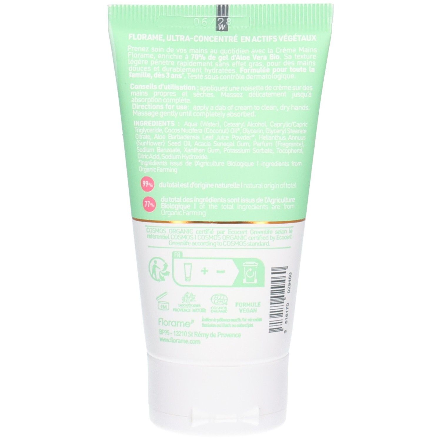 Dos du tube. Texte: FLORAME, ingrédients, mode d'emploi. Certification bio. Fabriqué en France.