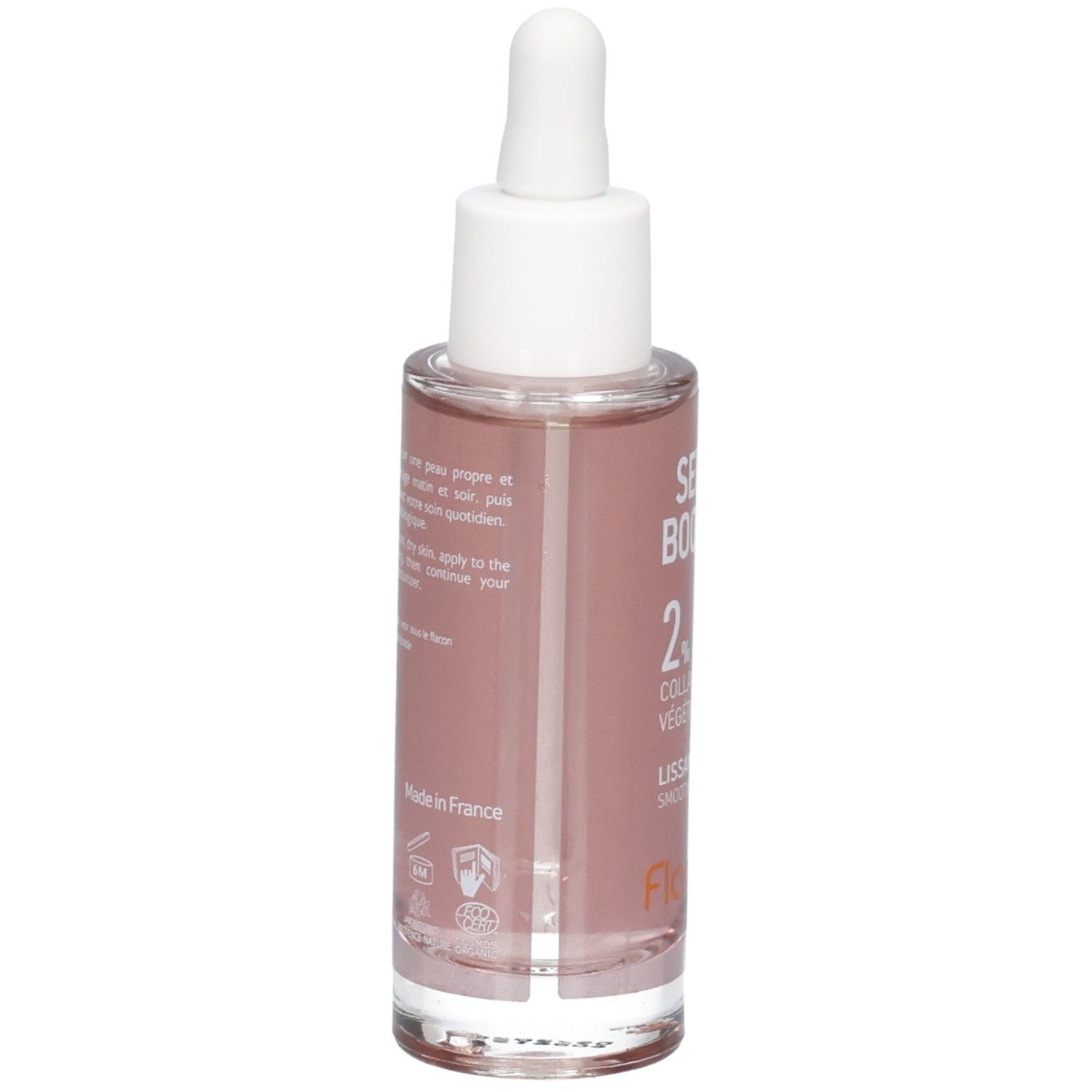 Flacon Florame Sérum Booster, verso avec instructions et logos.