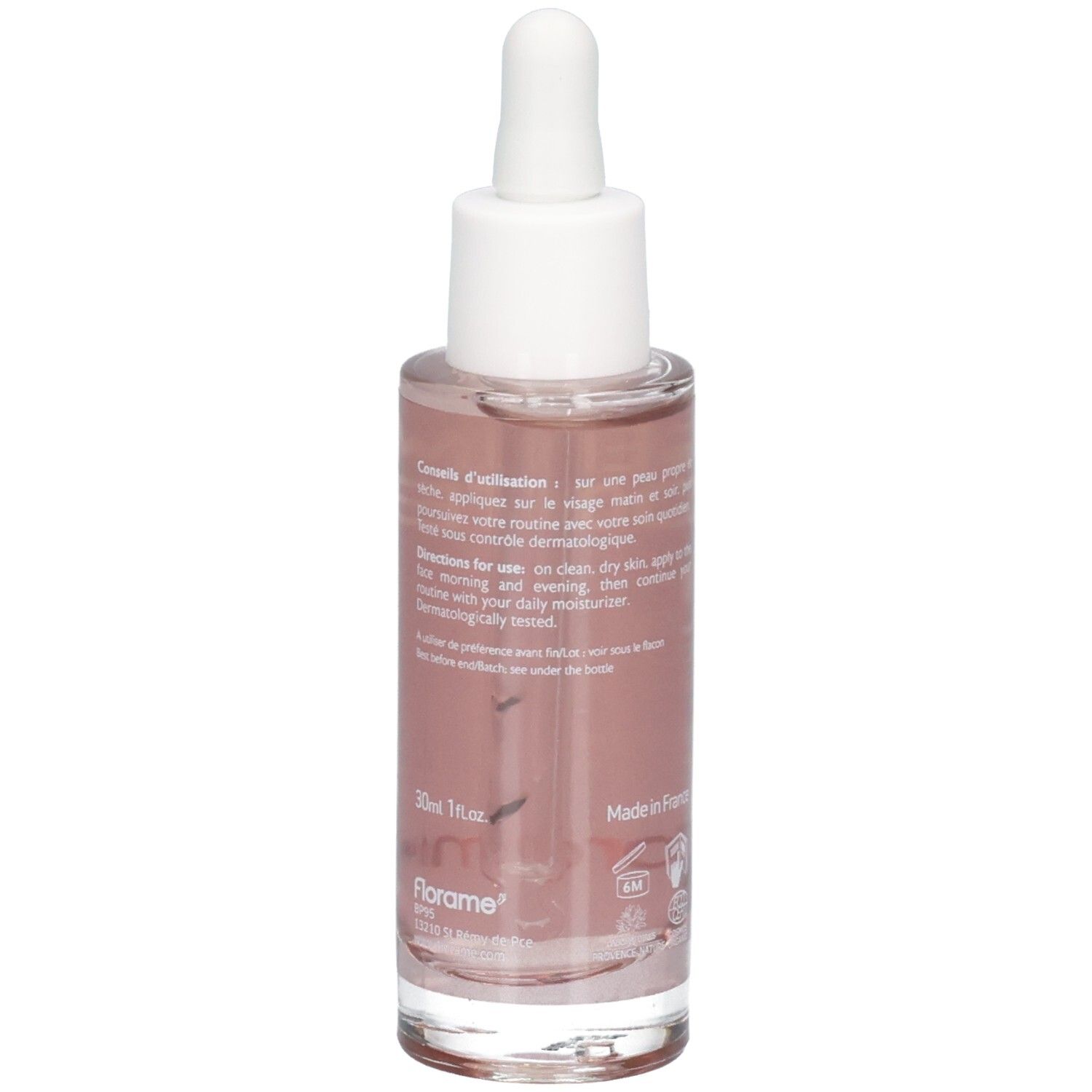 Flacon Florame Sérum Booster, verso avec instructions et volume.