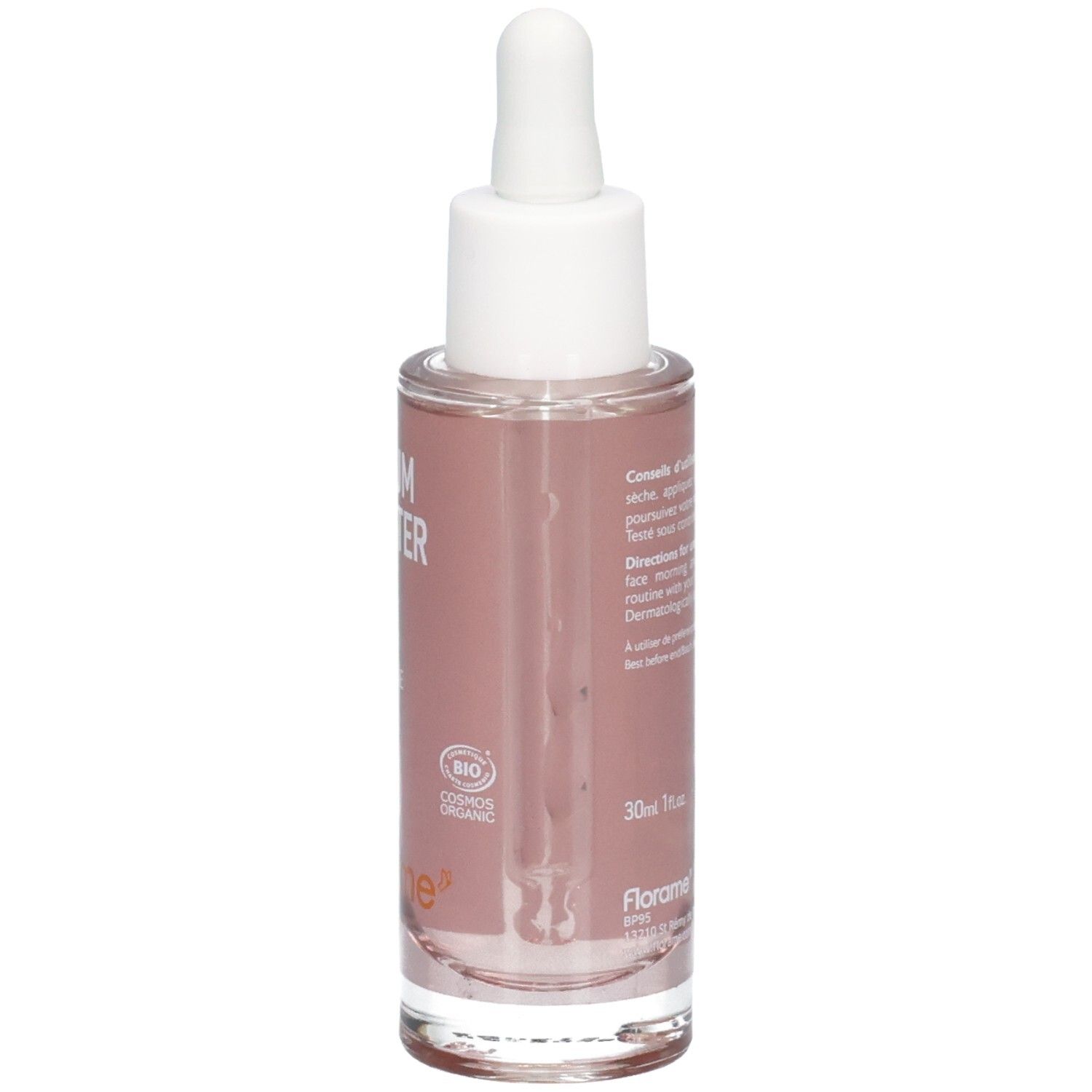 Flacon Florame Sérum Booster, côté avec instructions et volume.