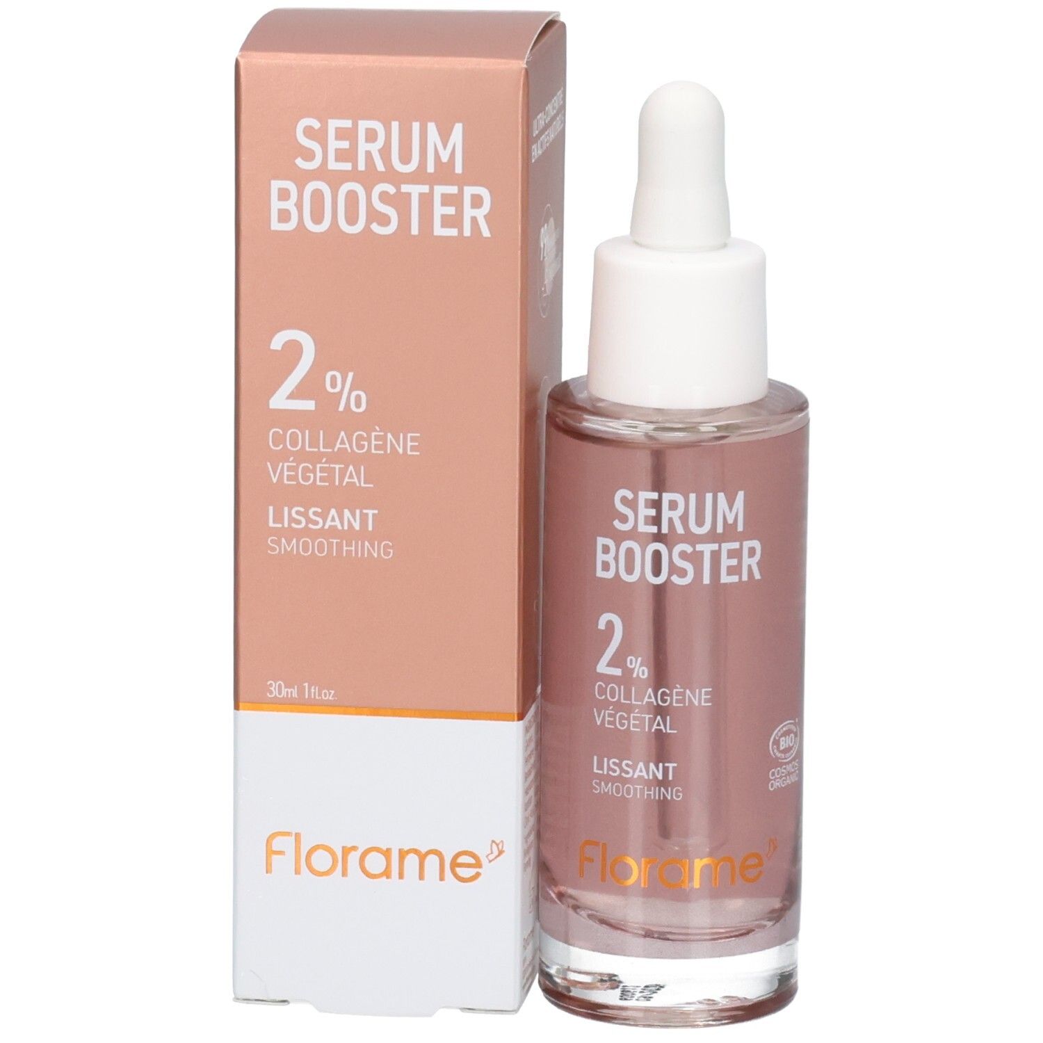 Flacon Florame Sérum Booster et sa boîte. Contient 2% de collagène végétal.