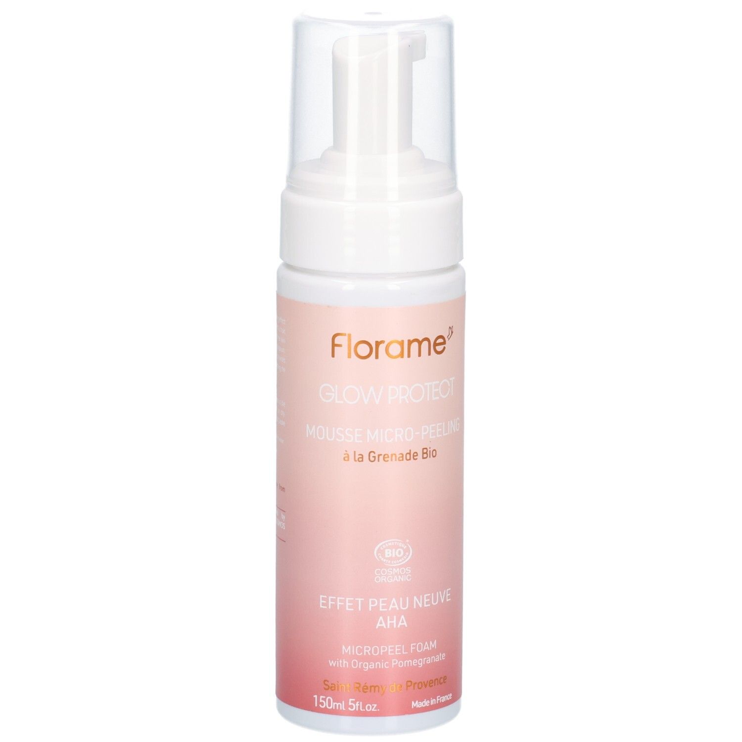 Flacon blanc avec pompe. Étiquette avec nom et logo du produit. Texte: MOUSSE MICRO-PEELING à la Grenade Bio. Certification.