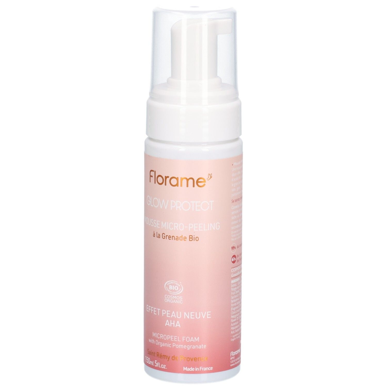 Flacon blanc avec pompe. Étiquette avec nom et logo du produit. Texte: MOUSSE MICRO-PEELING à la Grenade Bio. Certification.