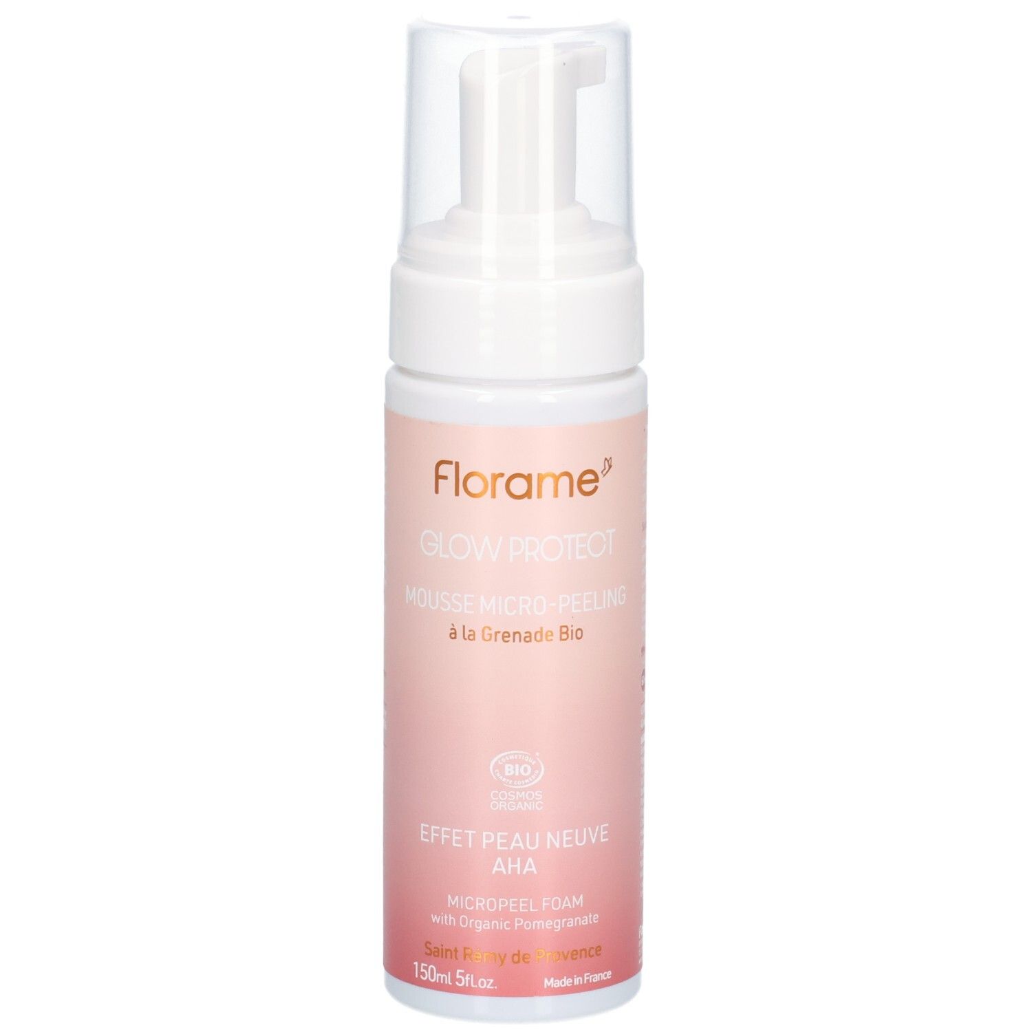 Flacon blanc avec pompe. Étiquette avec nom et logo du produit. Texte: MOUSSE MICRO-PEELING à la Grenade Bio. Certification.