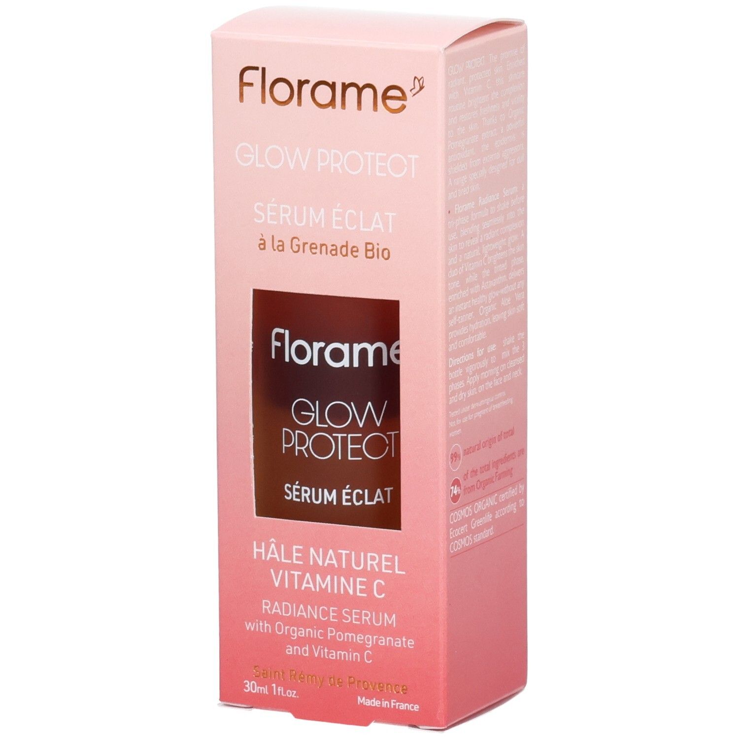 Boîte rose FLORAME, GLOW PROTECT, SERUM ÉCLAT. Fenêtre révélant le flacon. Texte: HÂLE NATUREL VITAMINE C. Ingrédients: Grenade Bio.