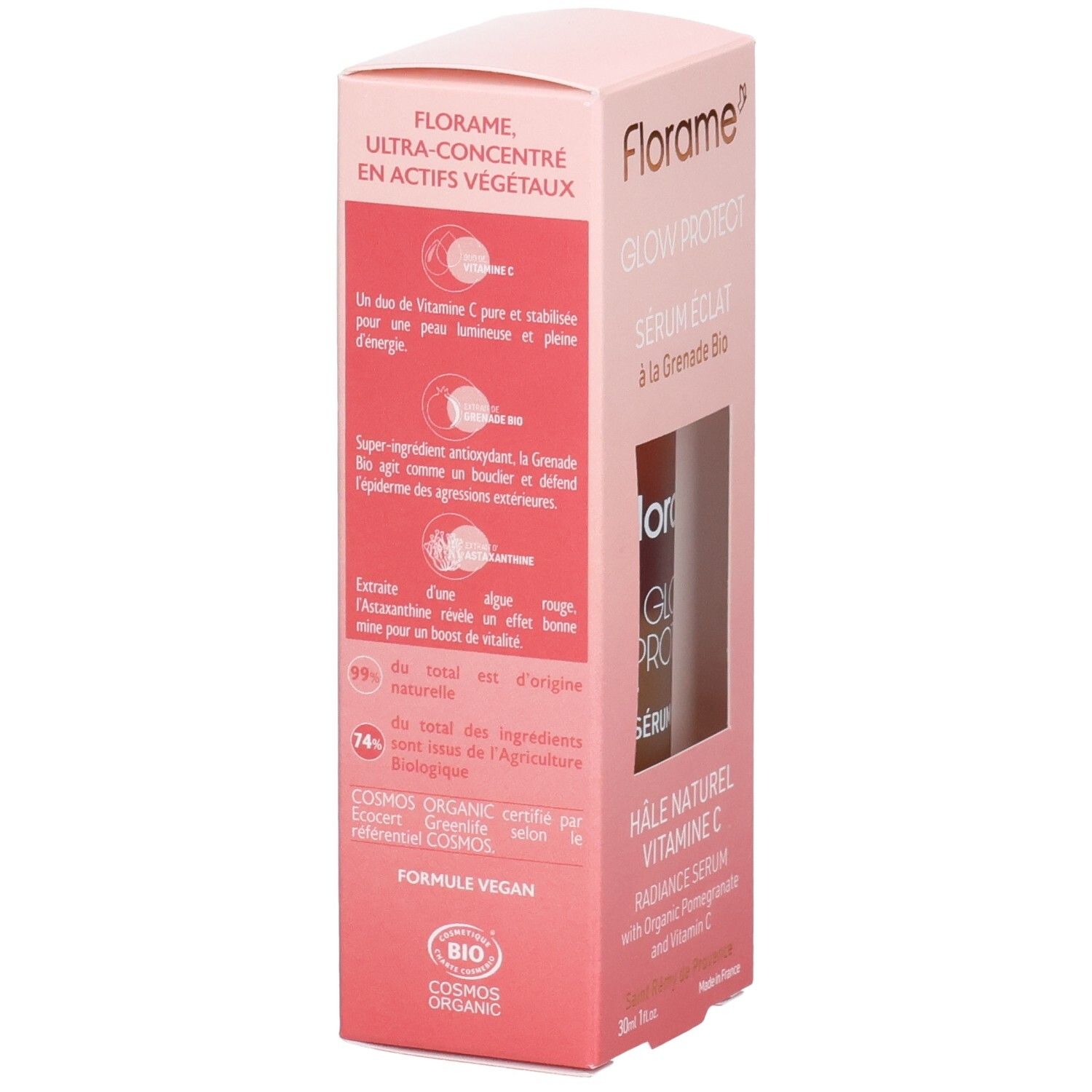 Dos de la boîte rose. Texte: FLORAME, ULTRA-CONCENTRÉ EN ACTIFS VÉGÉTAUX. Description des ingrédients et certification COSMOS ORGANIC.