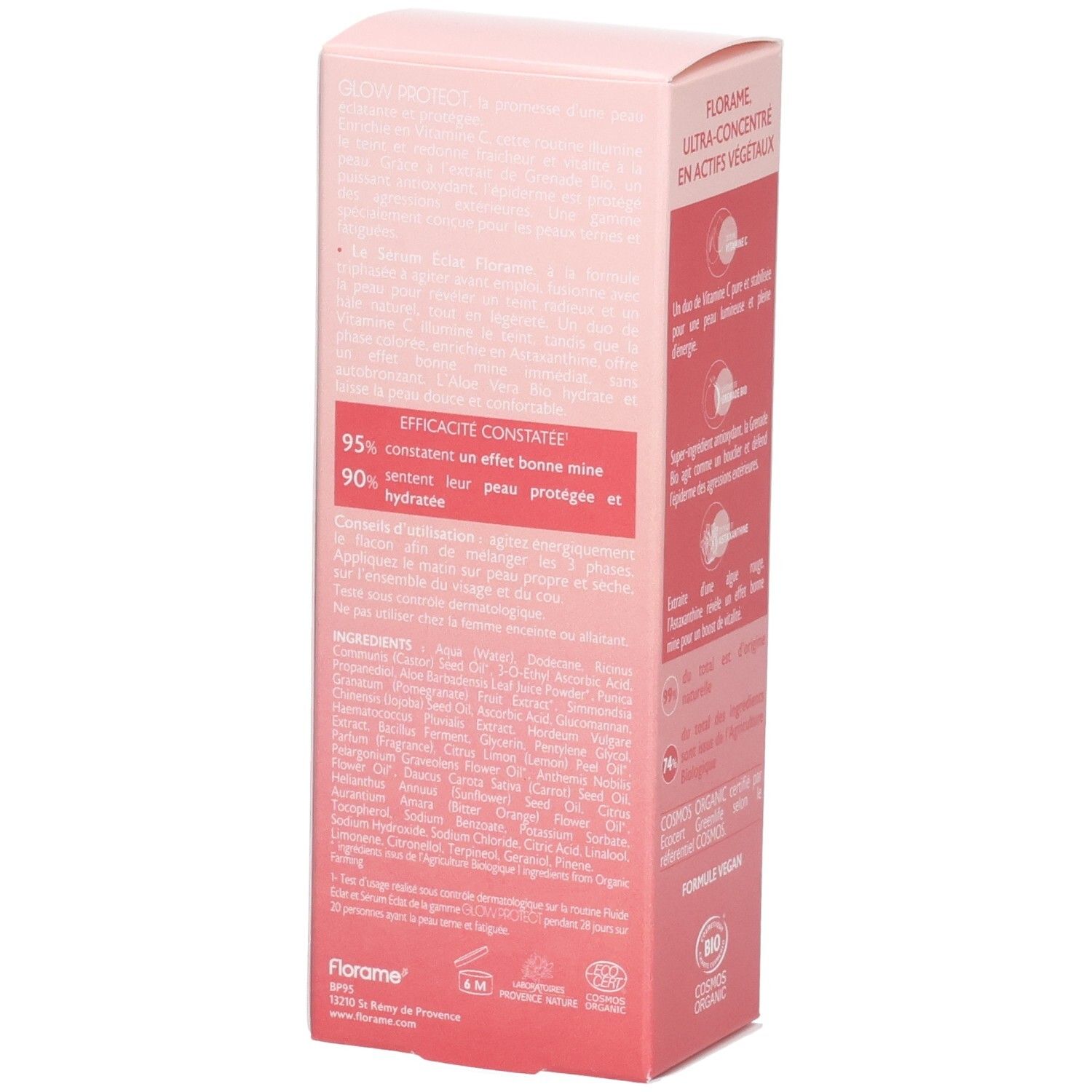 Côté de la boîte rose. Texte: FLORAME, ULTRA CONCENTRÉ EN ACTIFS VÉGÉTAUX. Description des ingrédients et instructions d'utilisation.