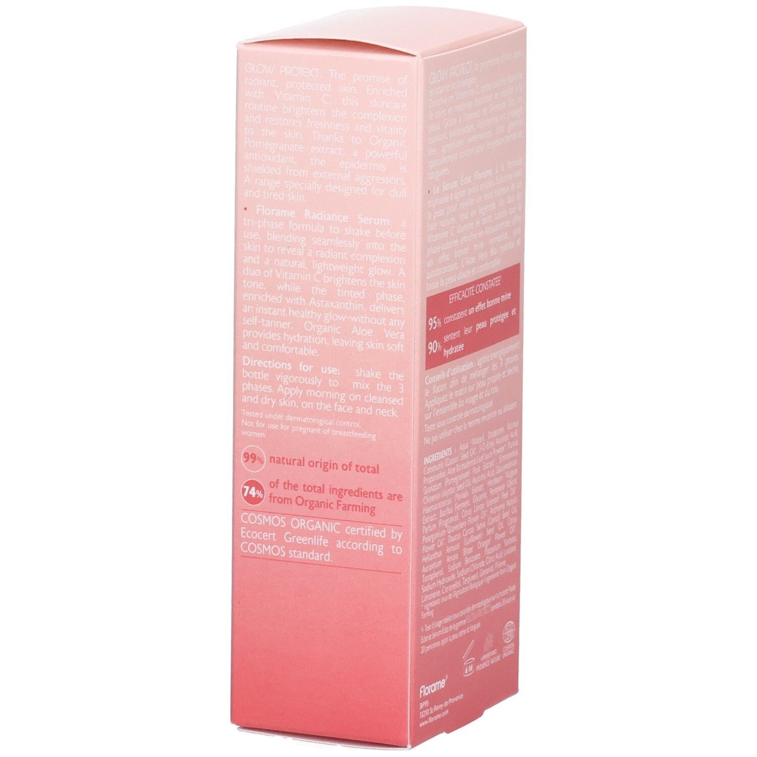 Côté de la boîte rose. Texte: FLORAME, ULTRA CONCENTRÉ EN ACTIFS VÉGÉTAUX. Description des ingrédients et instructions d'utilisation.