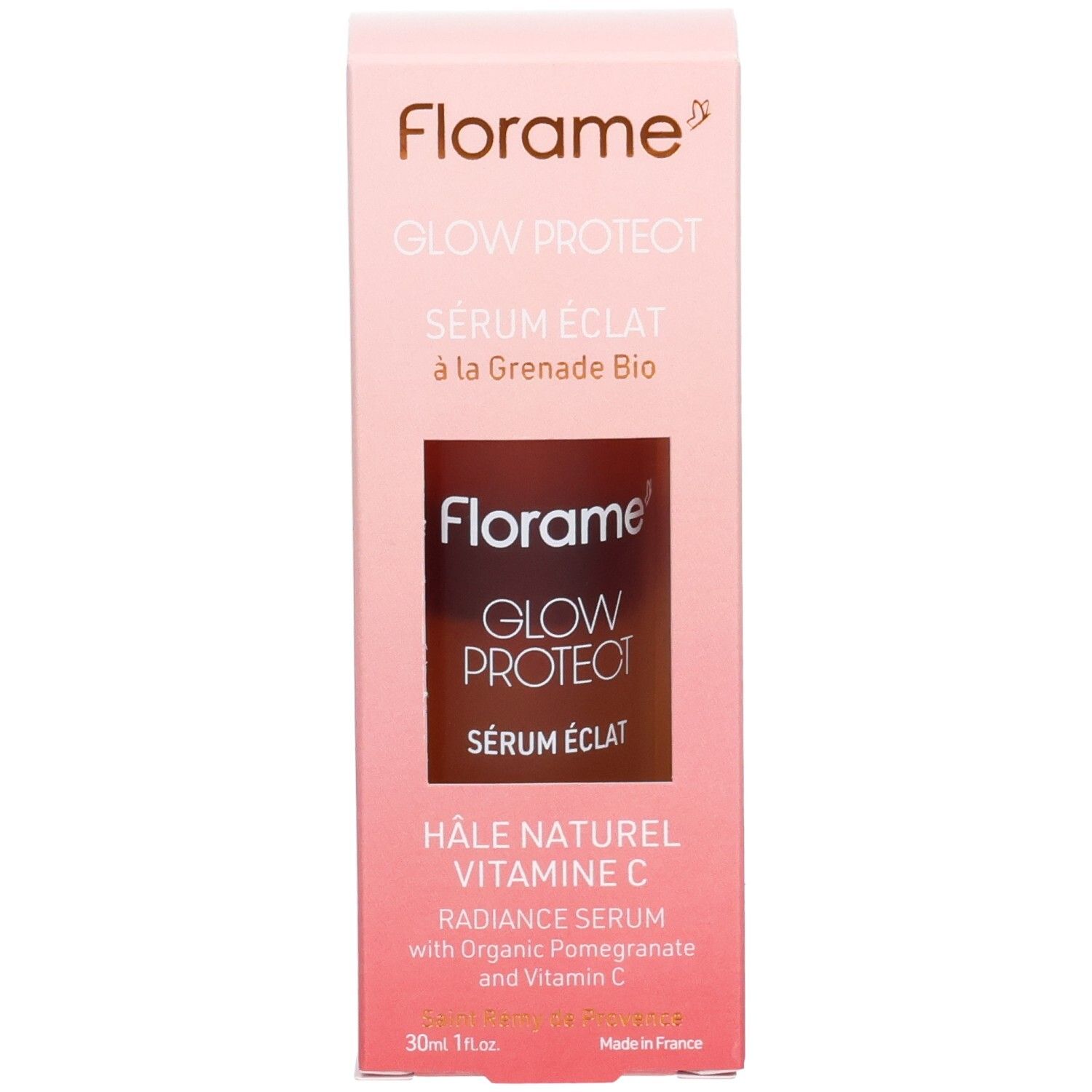 Boîte rose FLORAME, GLOW PROTECT, SERUM ÉCLAT. Fenêtre révélant le flacon. Texte: HÂLE NATUREL VITAMINE C. Ingrédients: Grenade Bio.