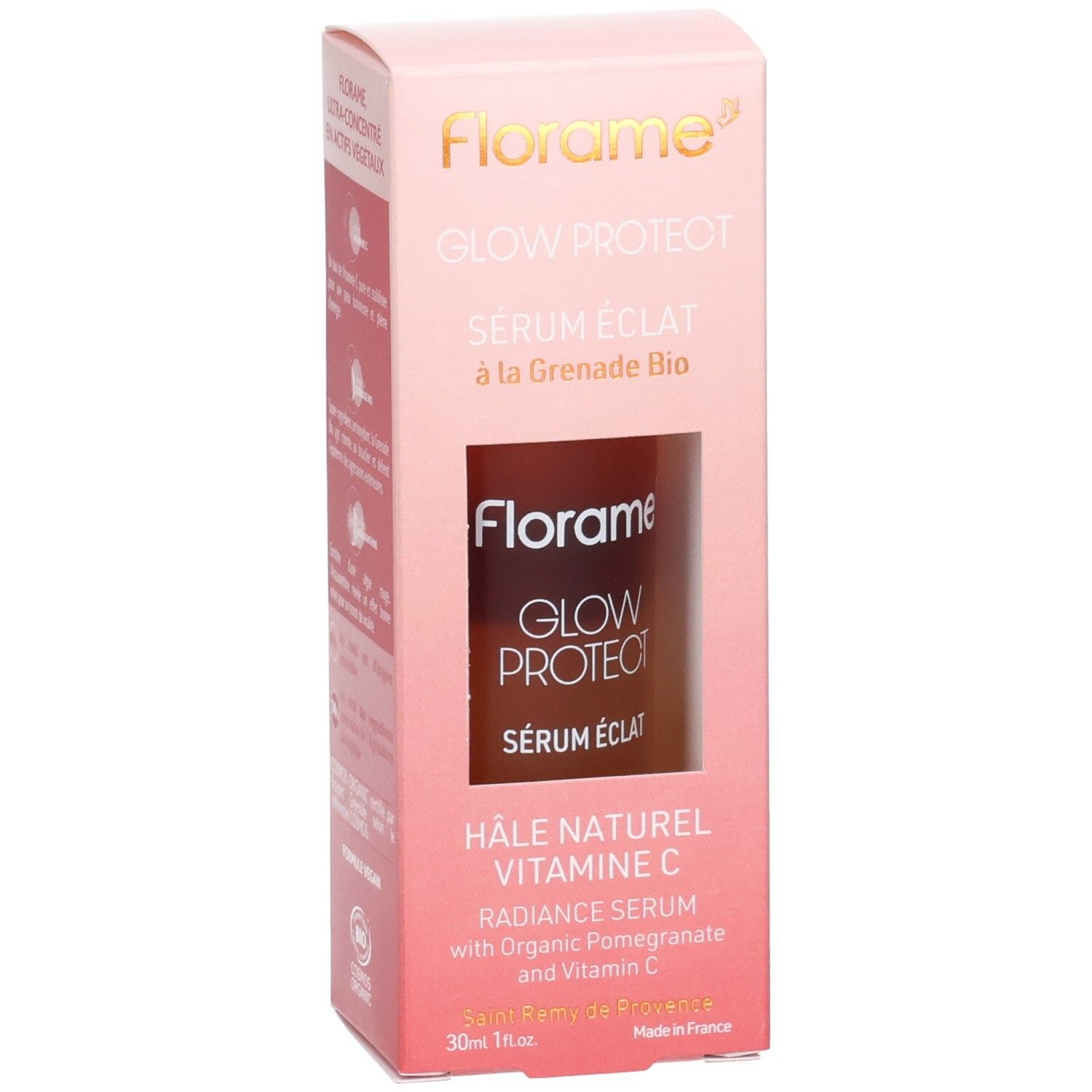 Boîte rose FLORAME, GLOW PROTECT, SERUM ÉCLAT. Fenêtre révélant le flacon. Texte: HÂLE NATUREL VITAMINE C. Ingrédients: Grenade Bio.