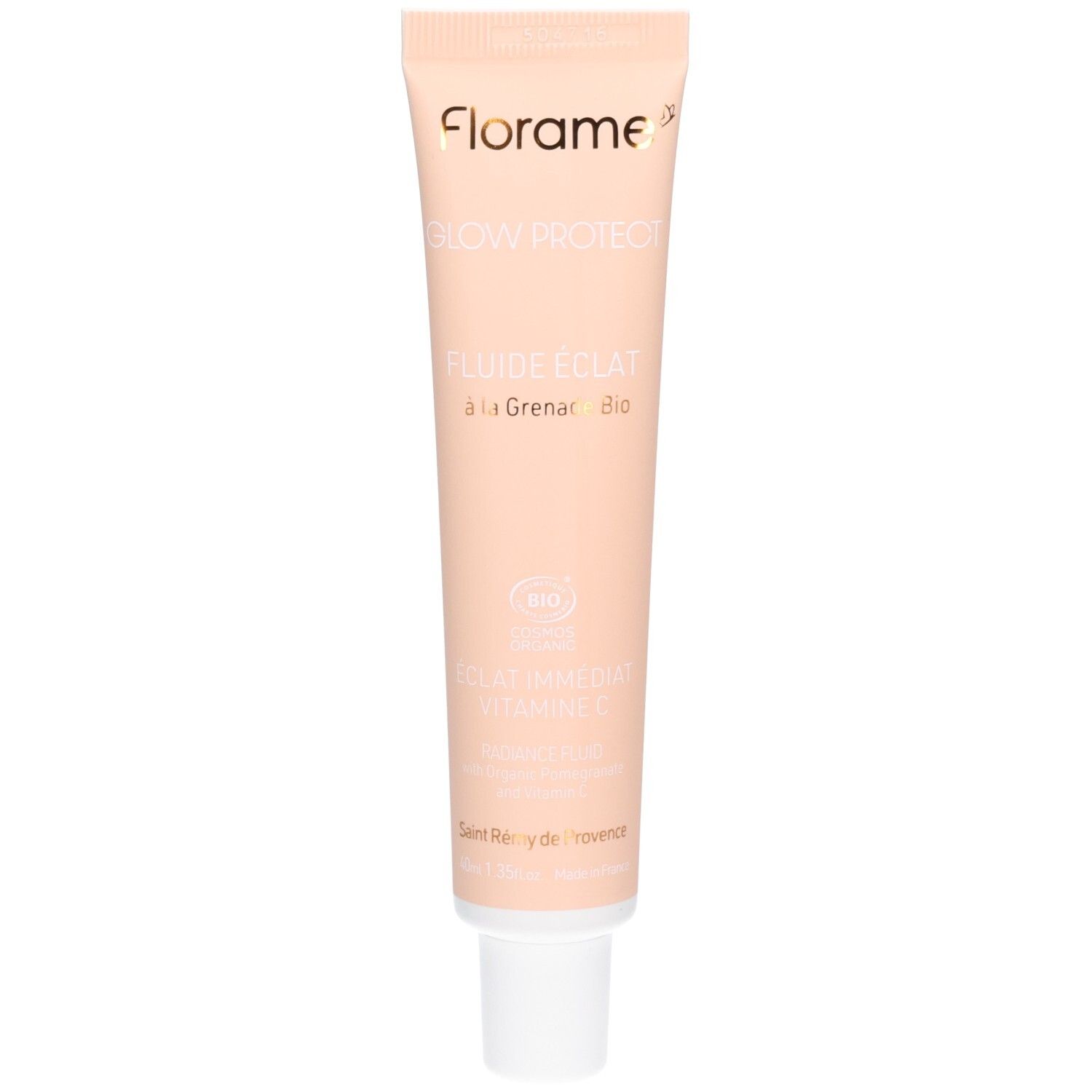 Tube de crème avec nom et logo du produit. Inscription: FLUIDE ECLAT. Certification bio.