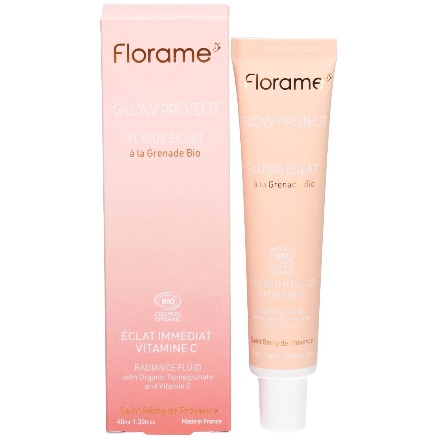 Emballage du produit et tube. Emballage rose avec nom et logo du produit. Tube à côté.