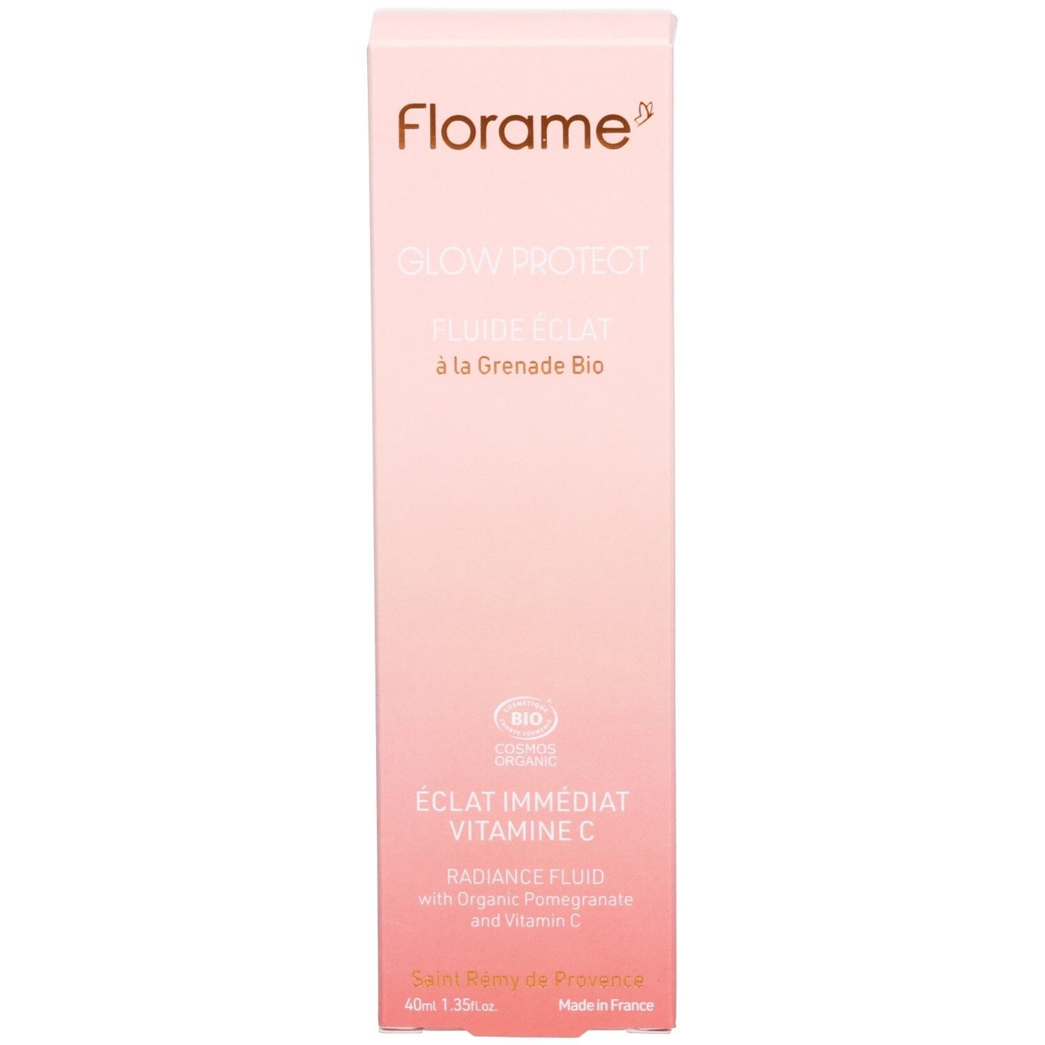 Emballage rose du produit. Nom et logo du produit. Certification bio. Inscription: ÉCLAT IMMÉDIAT VITAMINE C.