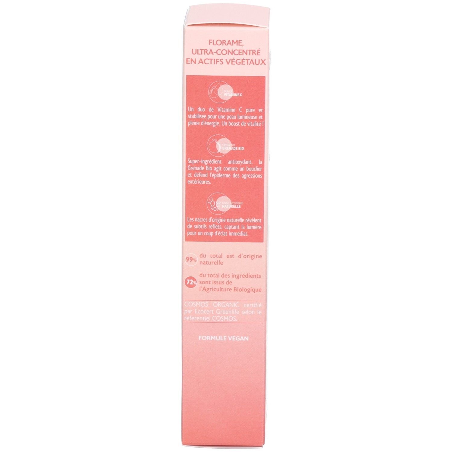 Emballage rose. Texte: FLORAIME ULTRA-CONCENTRE EN ACTIFS VEGETAUX. Informations sur les ingrédients.