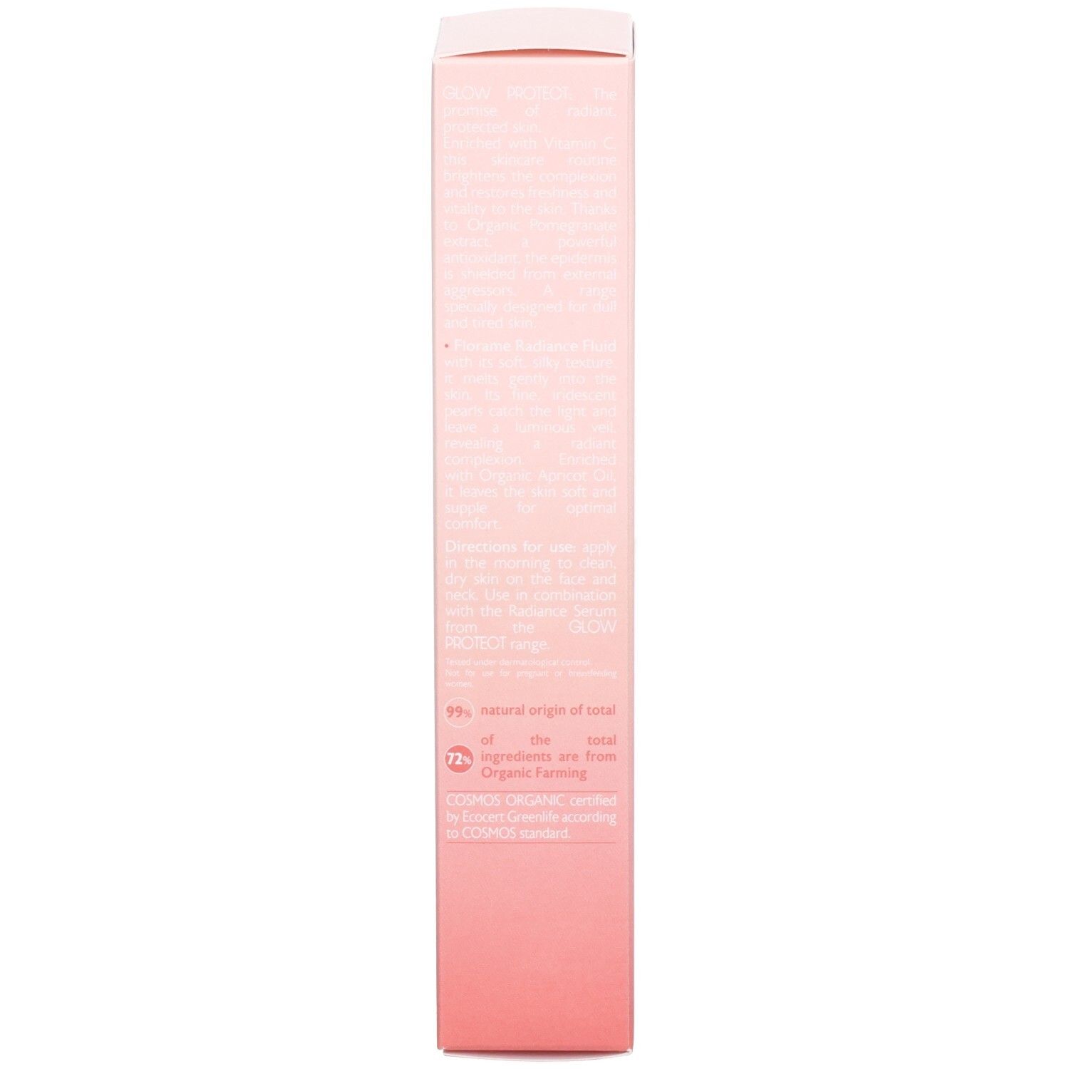 Emballage rose. Texte sur les ingrédients et certifications. 95% d'origine naturelle, certification bio.