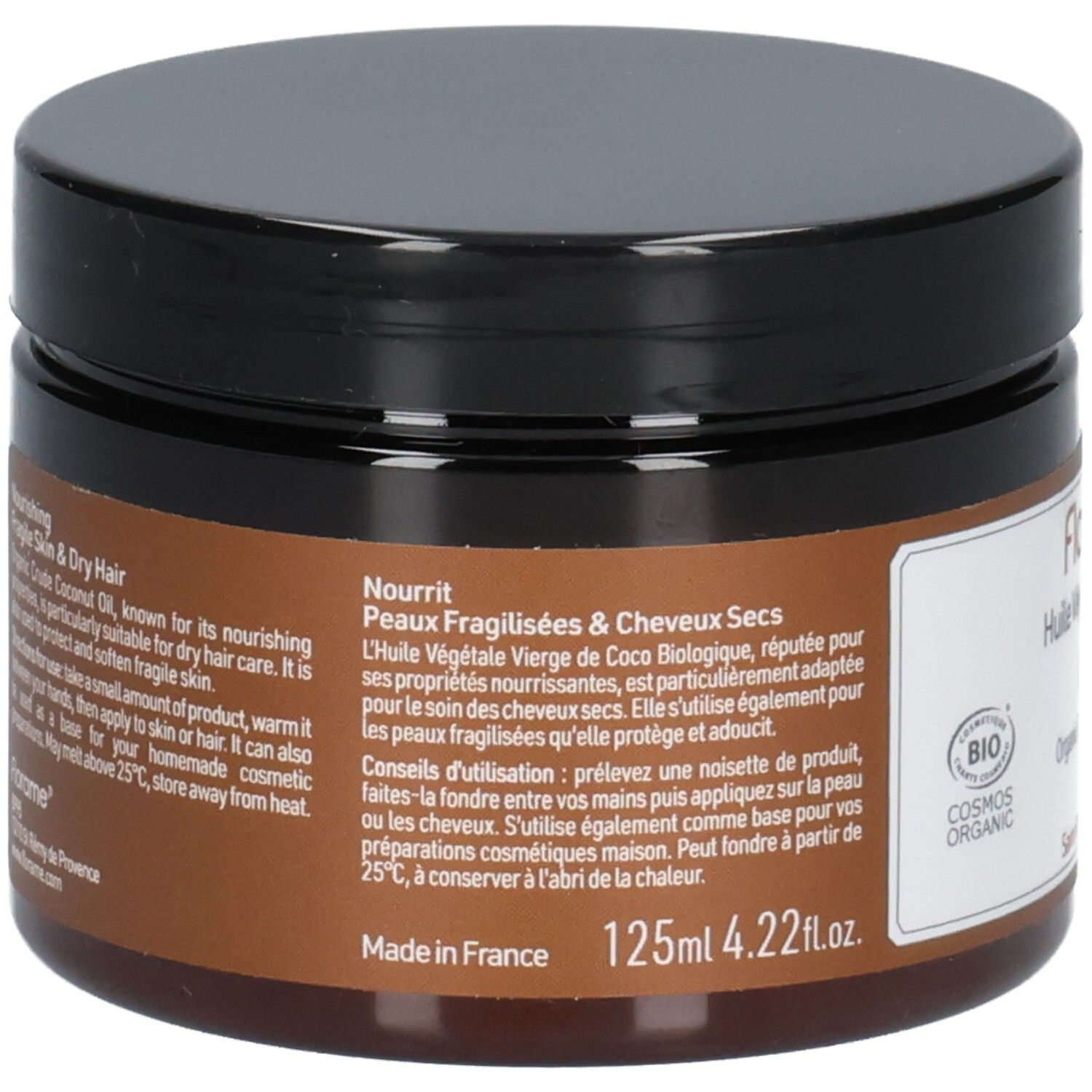 Pot brun avec couvercle noir. Texte: Nourrit Peaux Fragilisées & Cheveux Secs. 125ml. Certification Cosmos Organic.